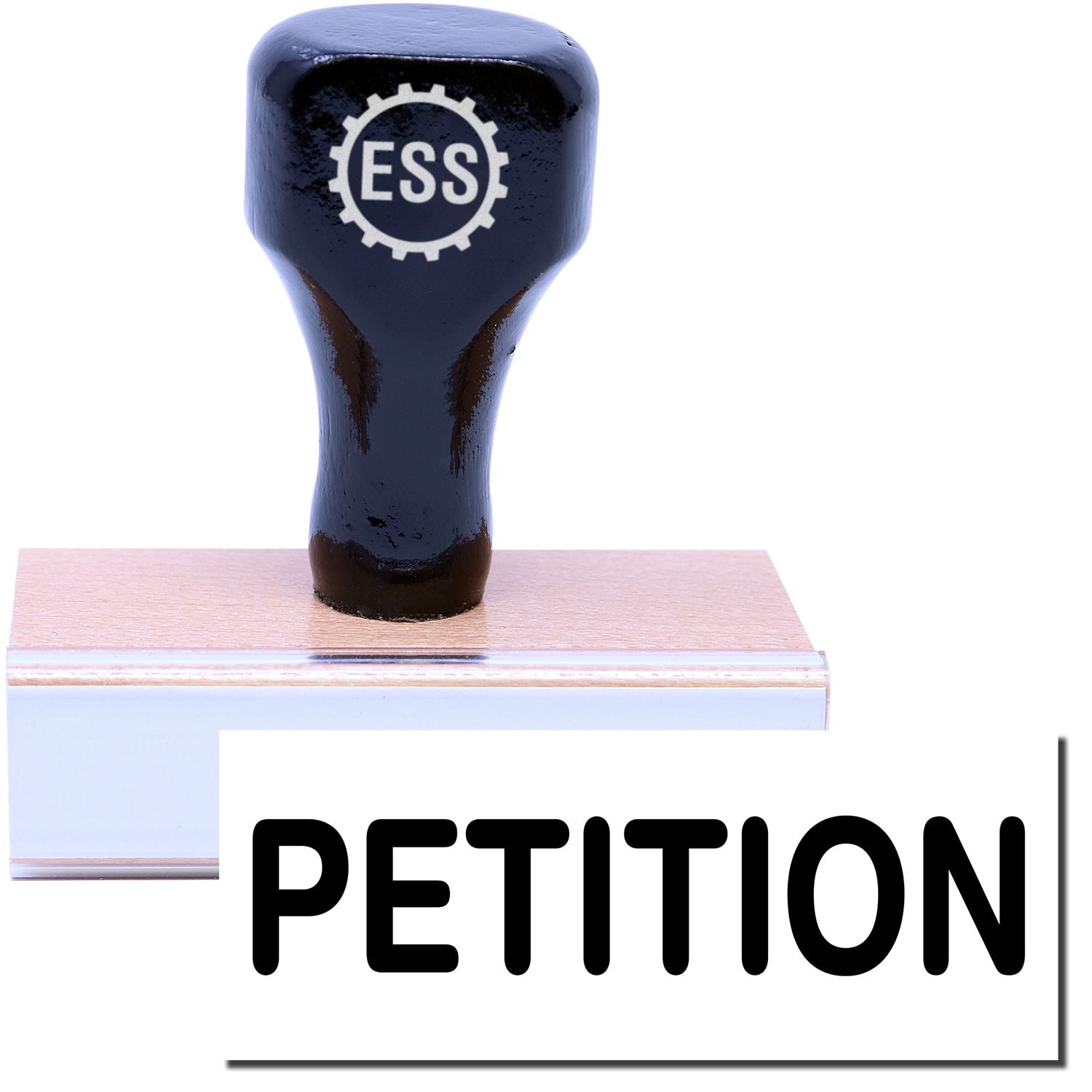 A stock office rubber stamp with a stamped image showing how the text PETITION is displayed after stamping.