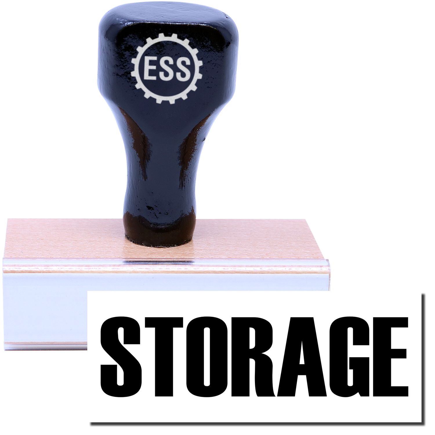 A stock office rubber stamp with a stamped image showing how the text STORAGE is displayed after stamping.