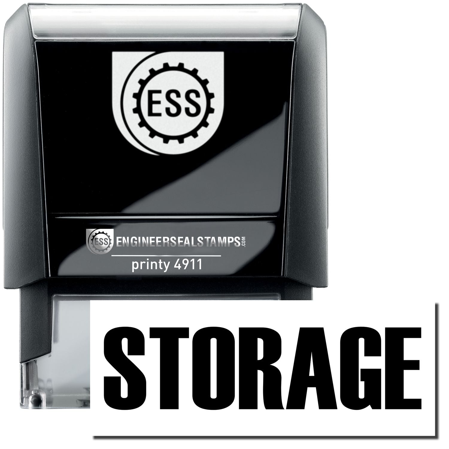 A self-inking stamp with a stamped image showing how the text STORAGE is displayed after stamping.