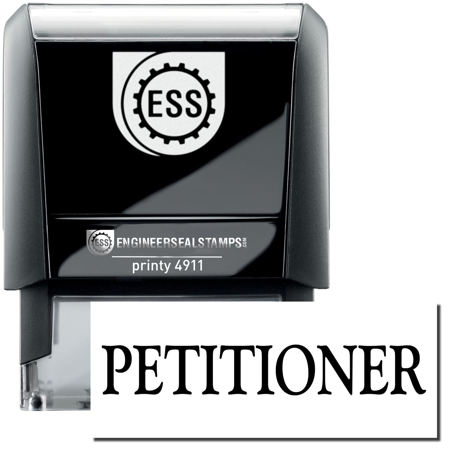 Self Inking Petitioner Stamp by ESS with a black casing and clear base, displaying the word PETITIONER in bold black letters.