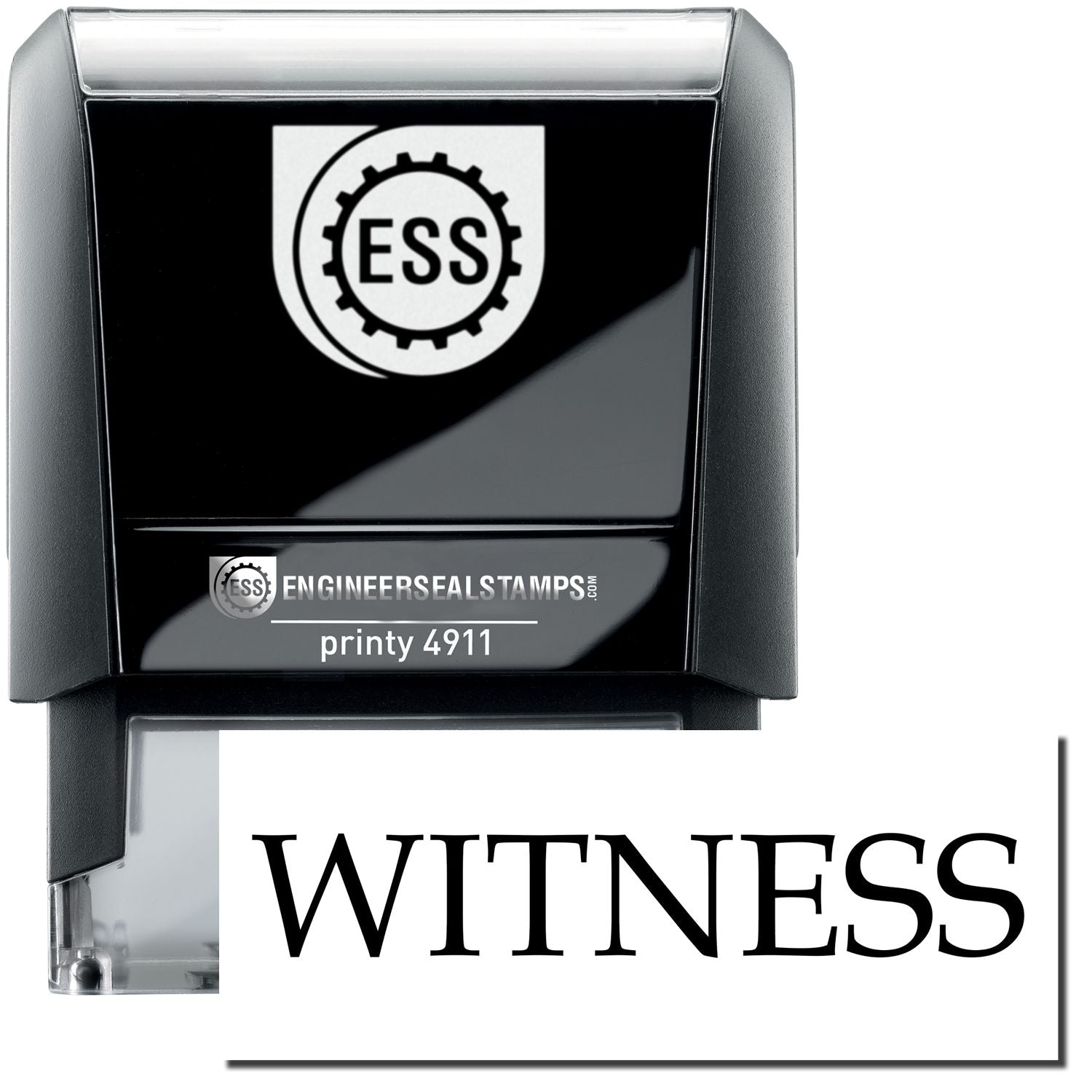 A self-inking stamp with a stamped image showing how the text "WITNESS" is displayed after stamping.