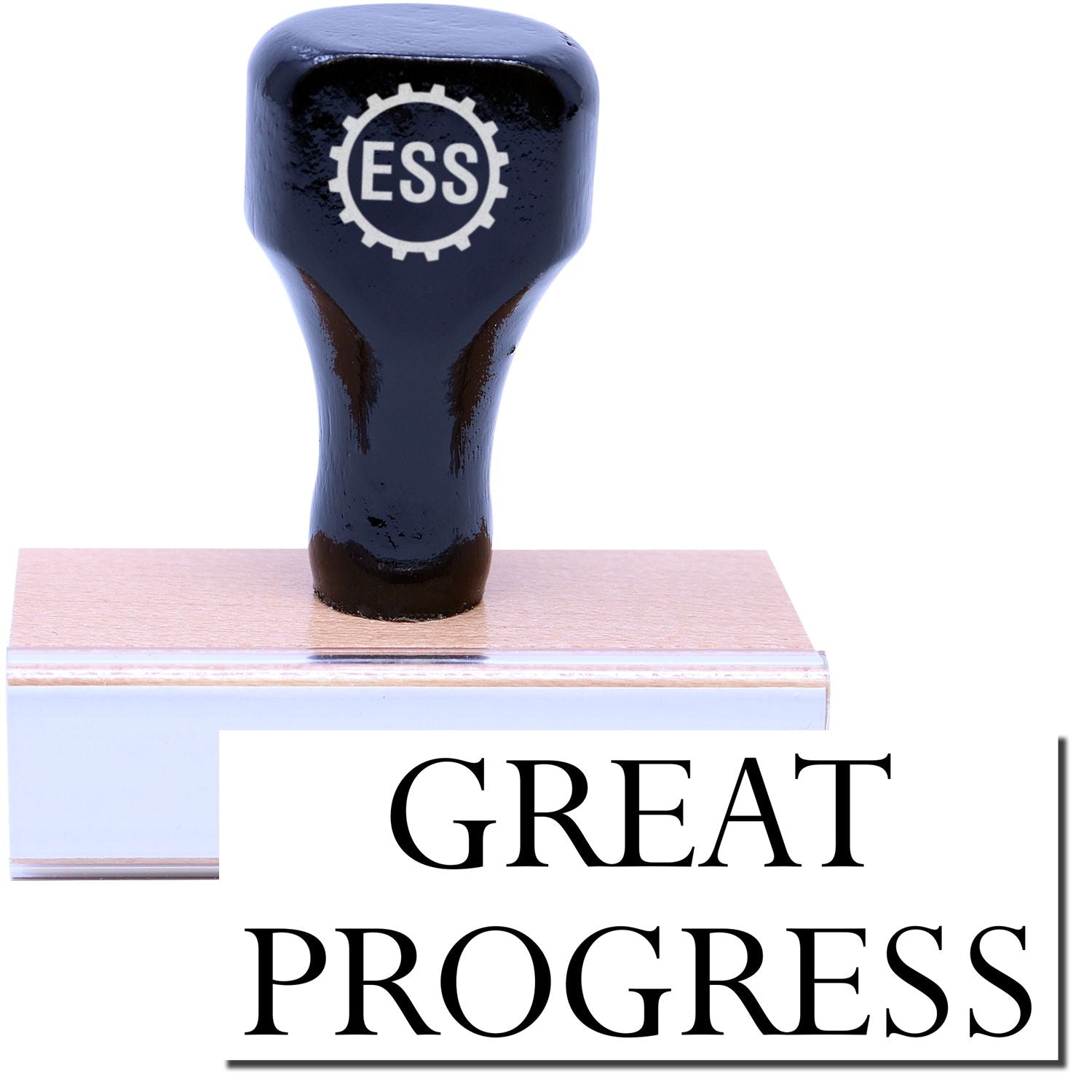 A stock office rubber stamp with a stamped image showing how the text GREAT PROGRESS is displayed after stamping.