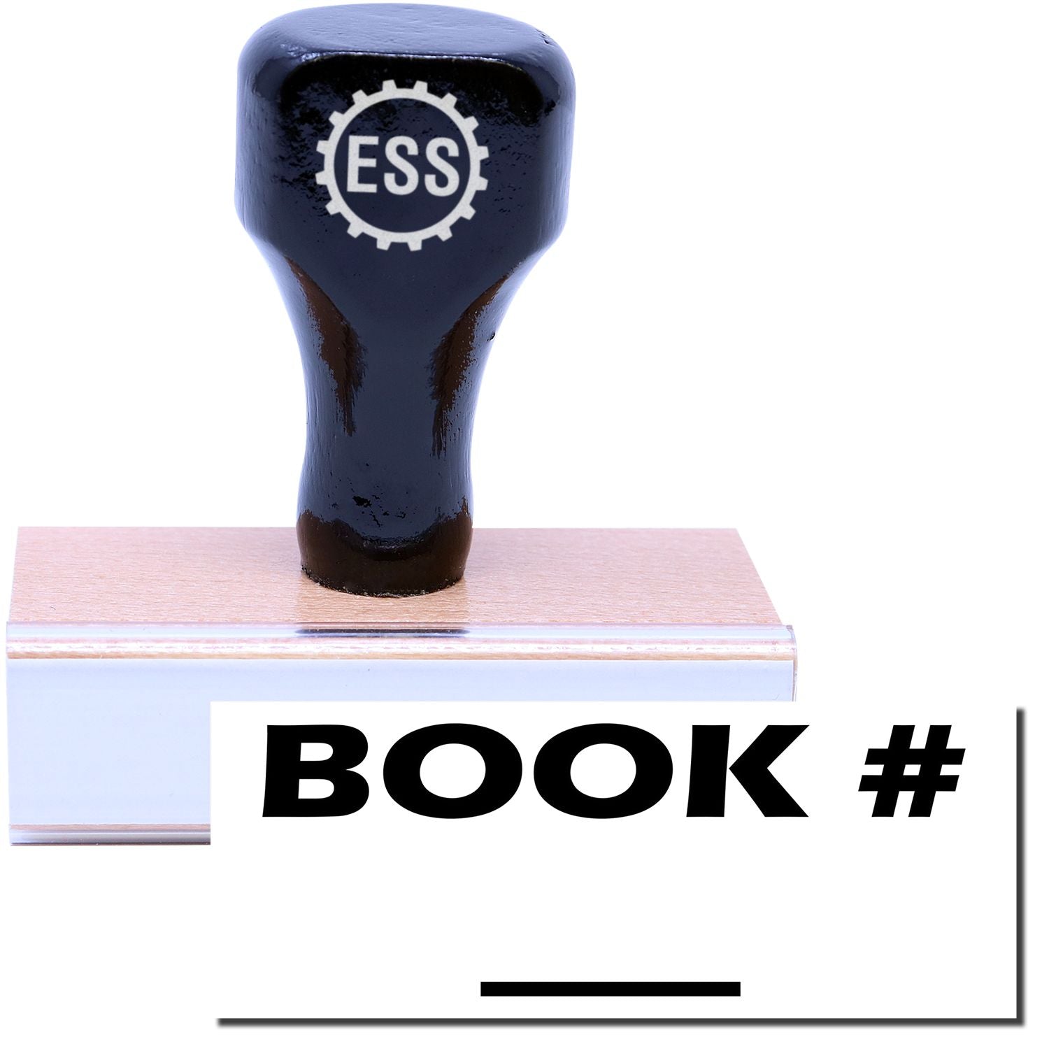 A stock office rubber stamp with a stamped image showing how the text BOOK # with a line under it is displayed after stamping.