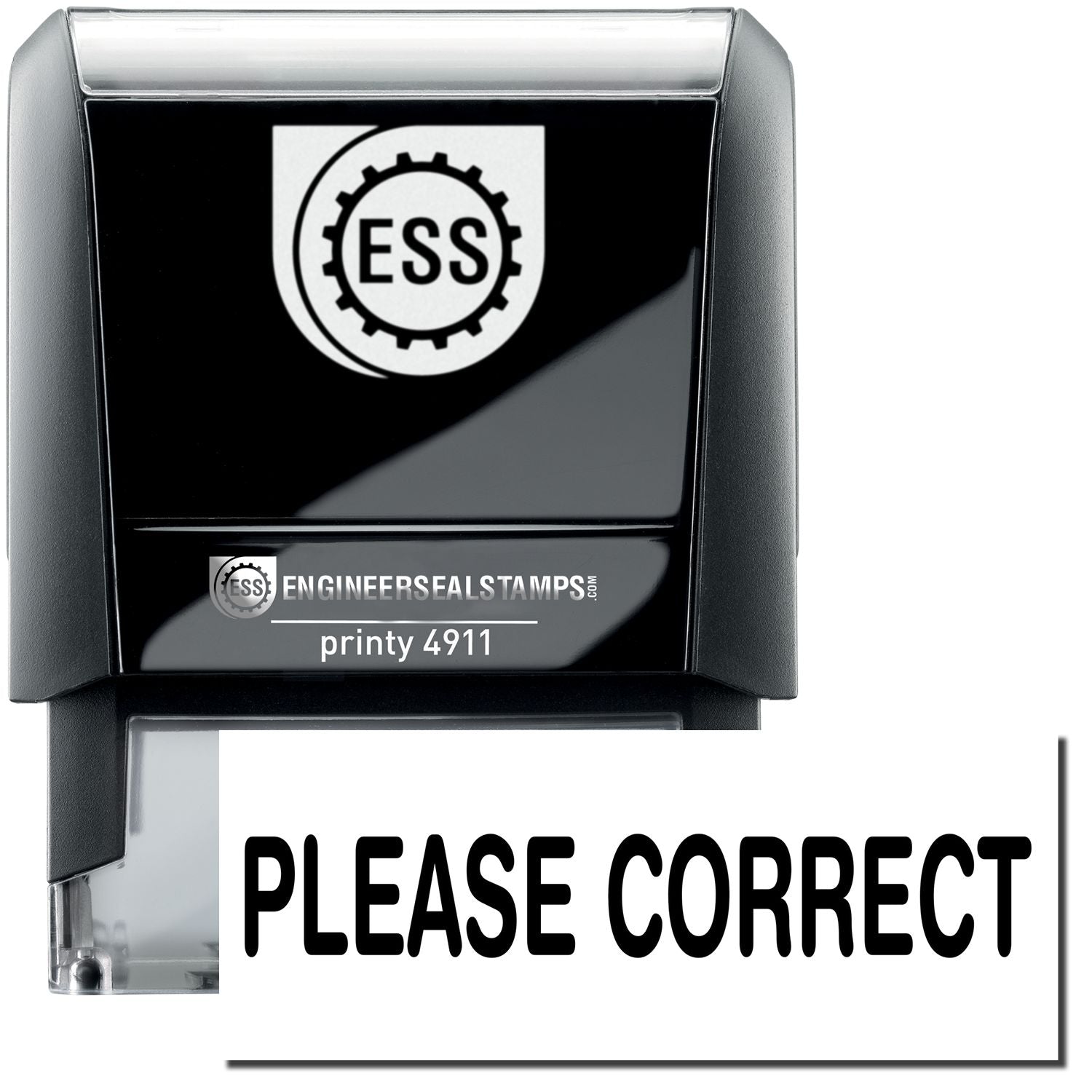 Self Inking Please Correct Stamp with black casing and clear base, displaying PLEASE CORRECT in bold black letters on white background.