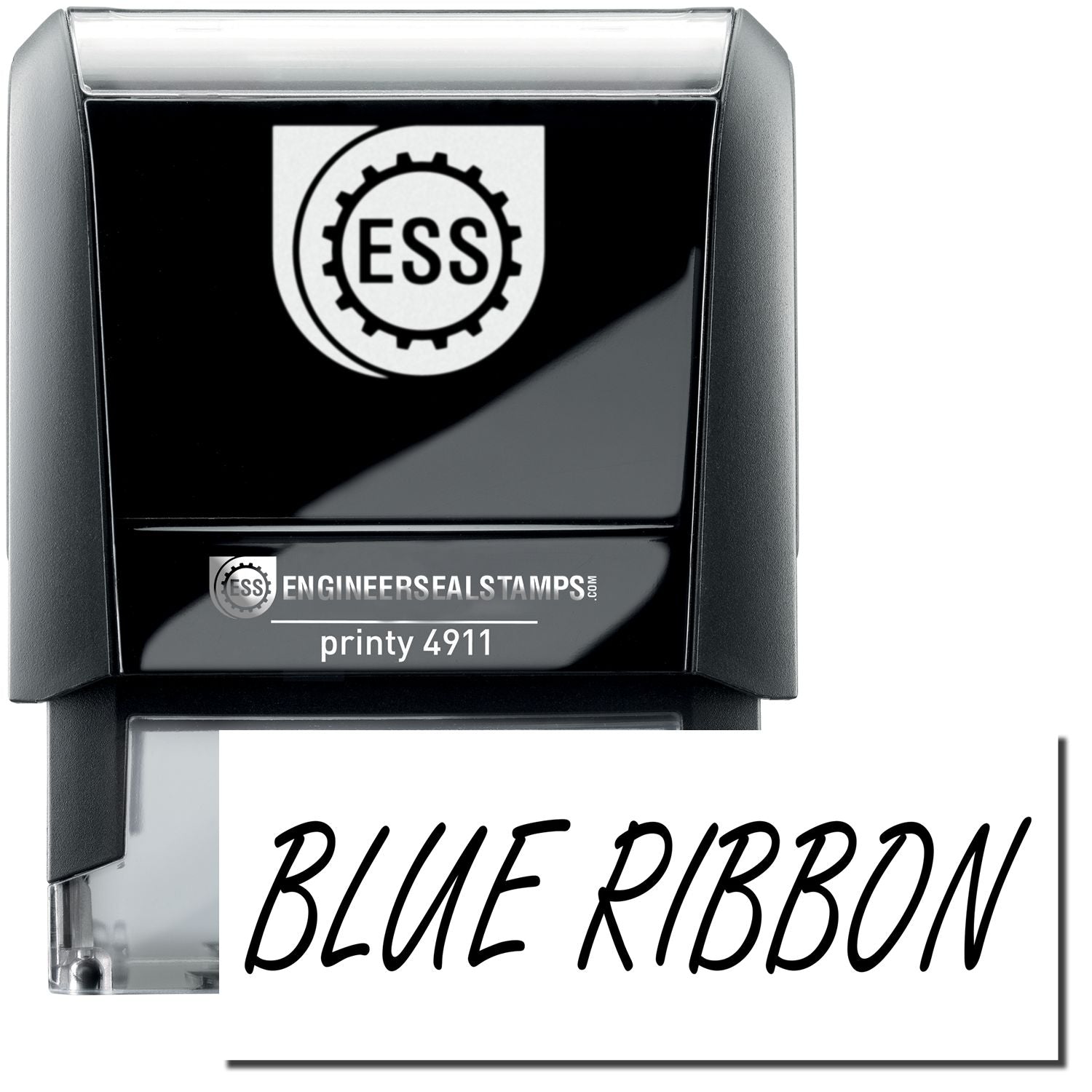 A self-inking stamp with a stamped image showing how the text BLUE RIBBON is displayed after stamping.