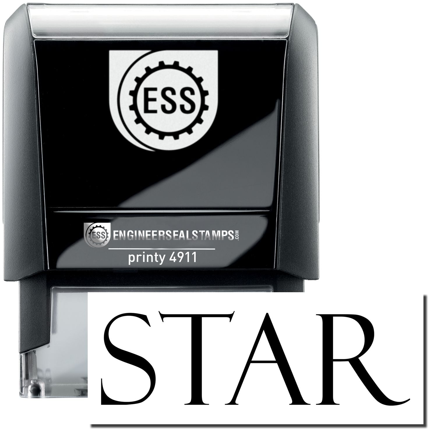 A self-inking stamp with a stamped image showing how the text STAR is displayed after stamping.