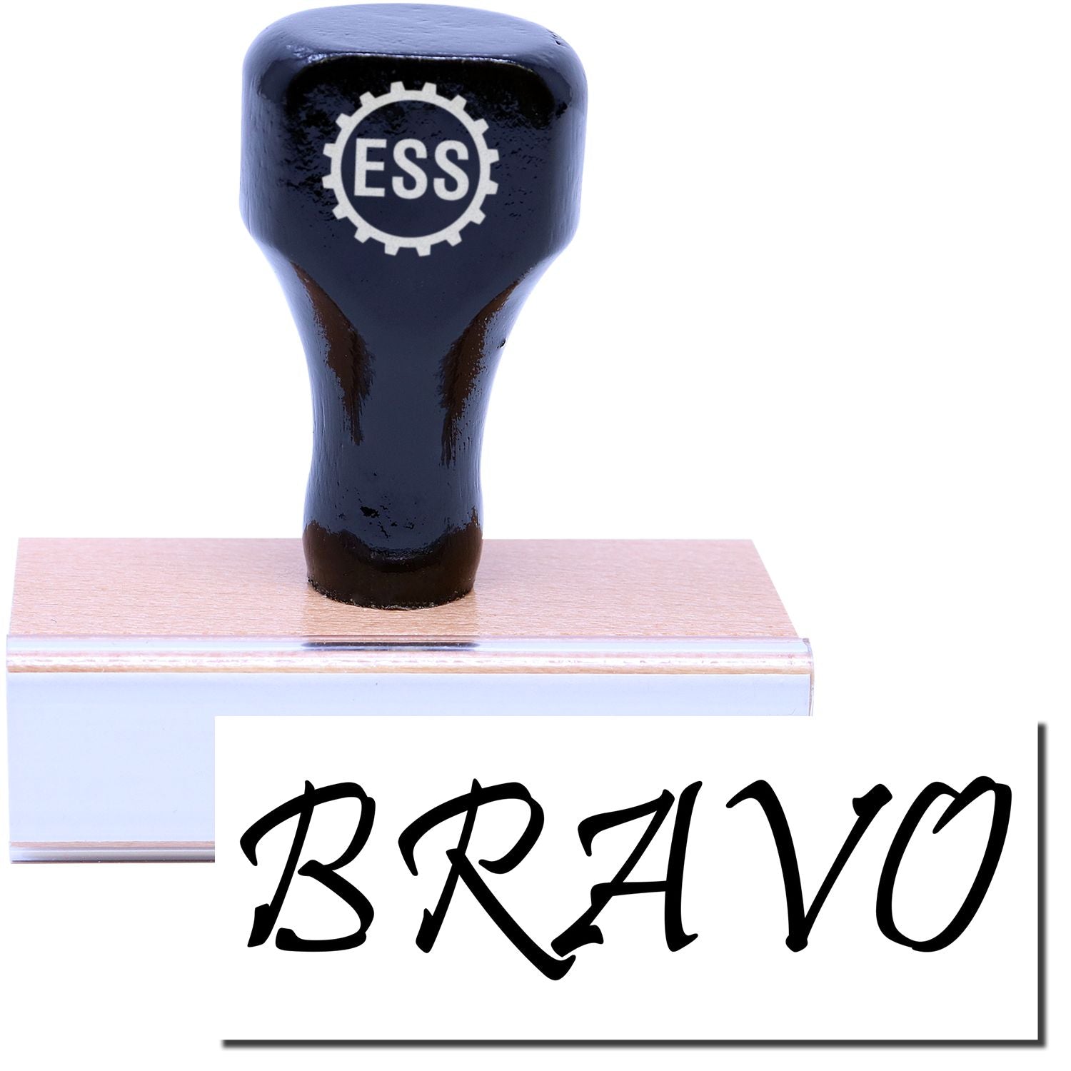 A stock office rubber stamp with a stamped image showing how the text BRAVO is displayed after stamping.