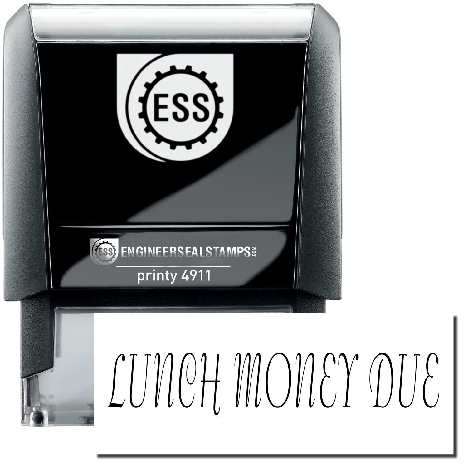 Self Inking Lunch Money Due Stamp with ESS logo, black casing, and clear base. The stamp imprint reads LUNCH MONEY DUE in elegant font.