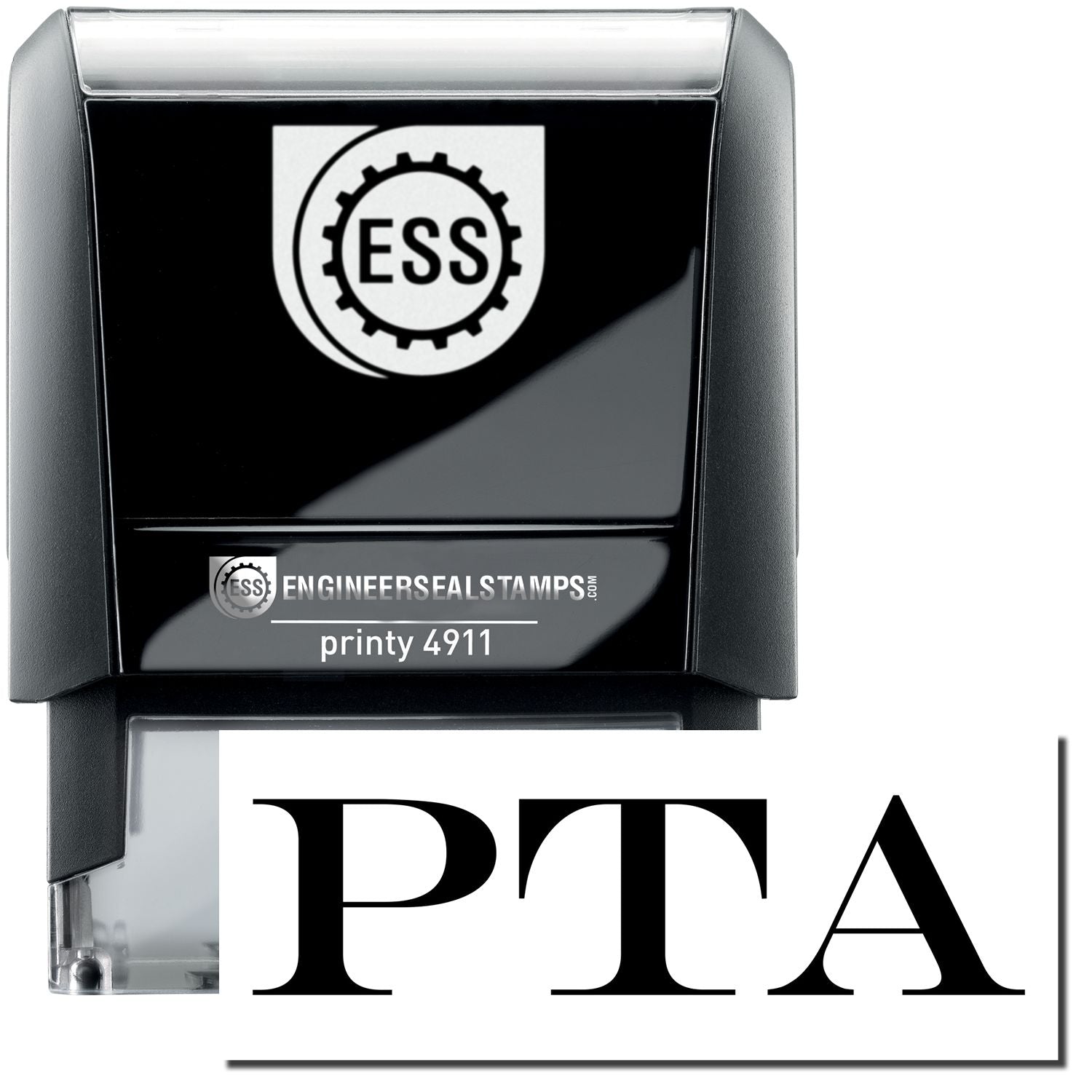 A self-inking stamp with a stamped image showing how the text "PTA" is displayed after stamping.