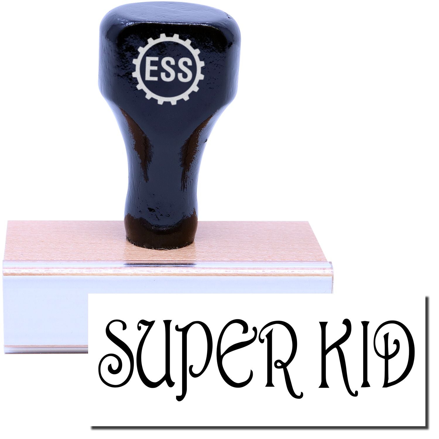 A stock office rubber stamp with a stamped image showing how the text SUPER KID is displayed after stamping.