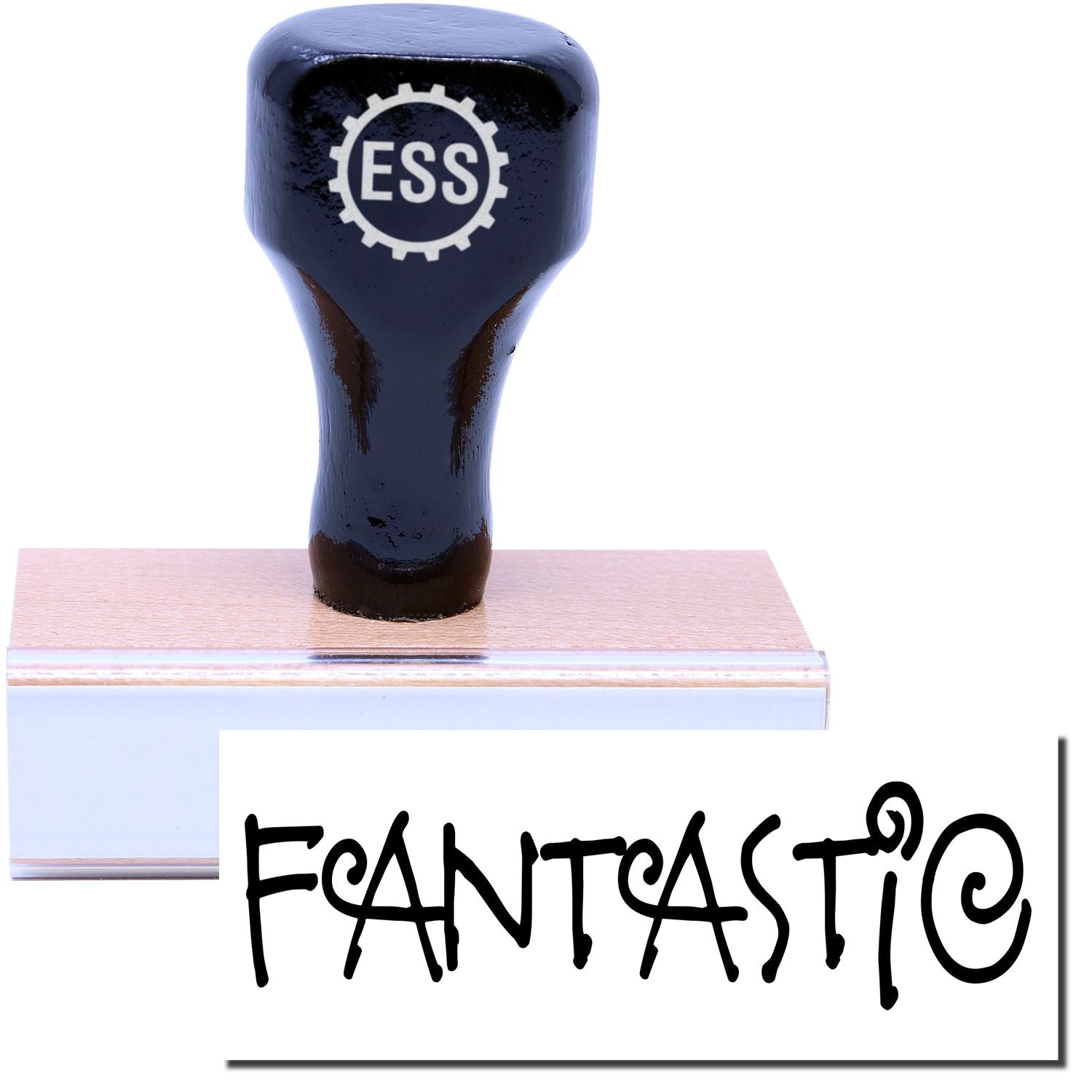 A stock office rubber stamp with a stamped image showing how the text FANTASTIC is displayed after stamping.