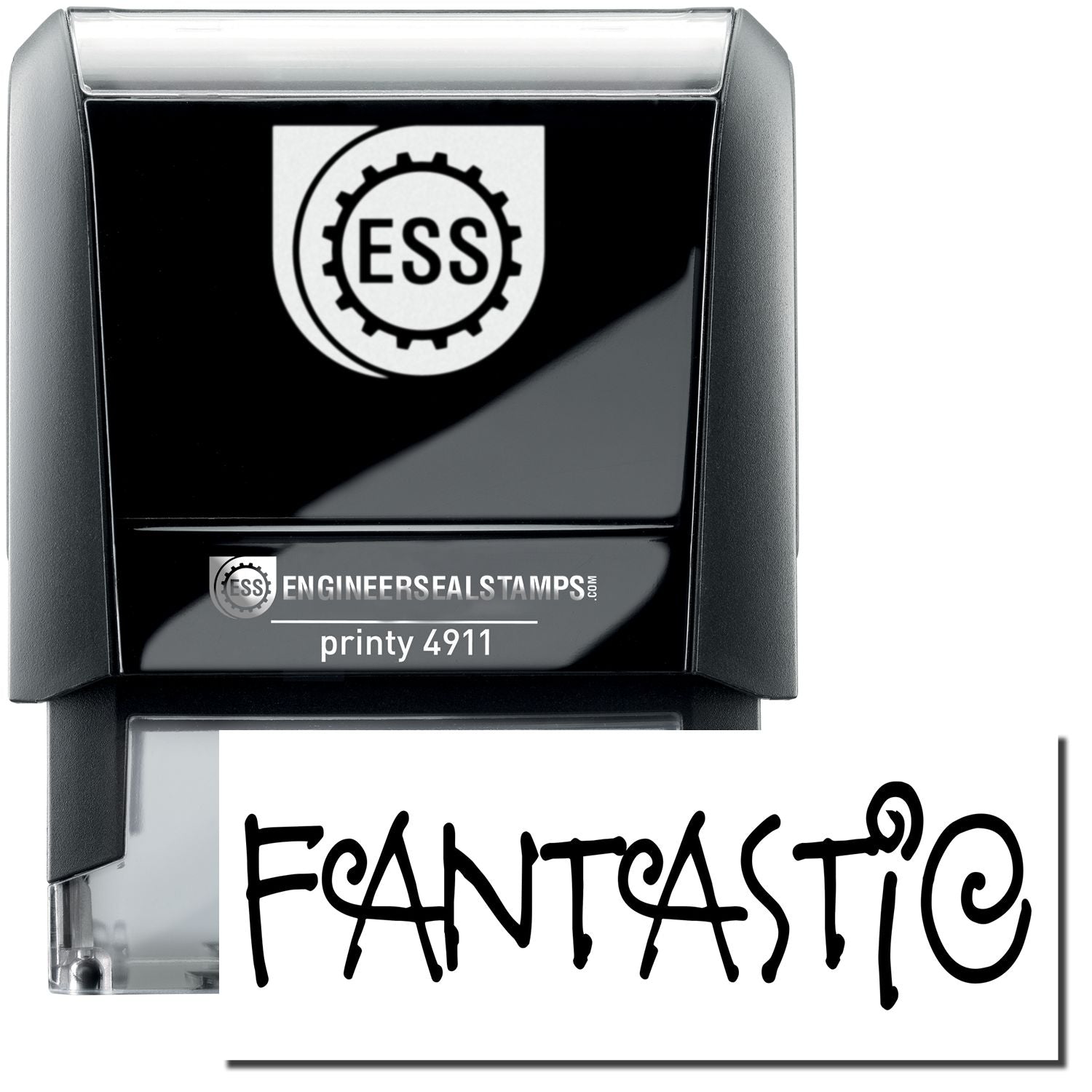 A self-inking stamp with a stamped image showing how the text FANTASTIC is displayed after stamping.