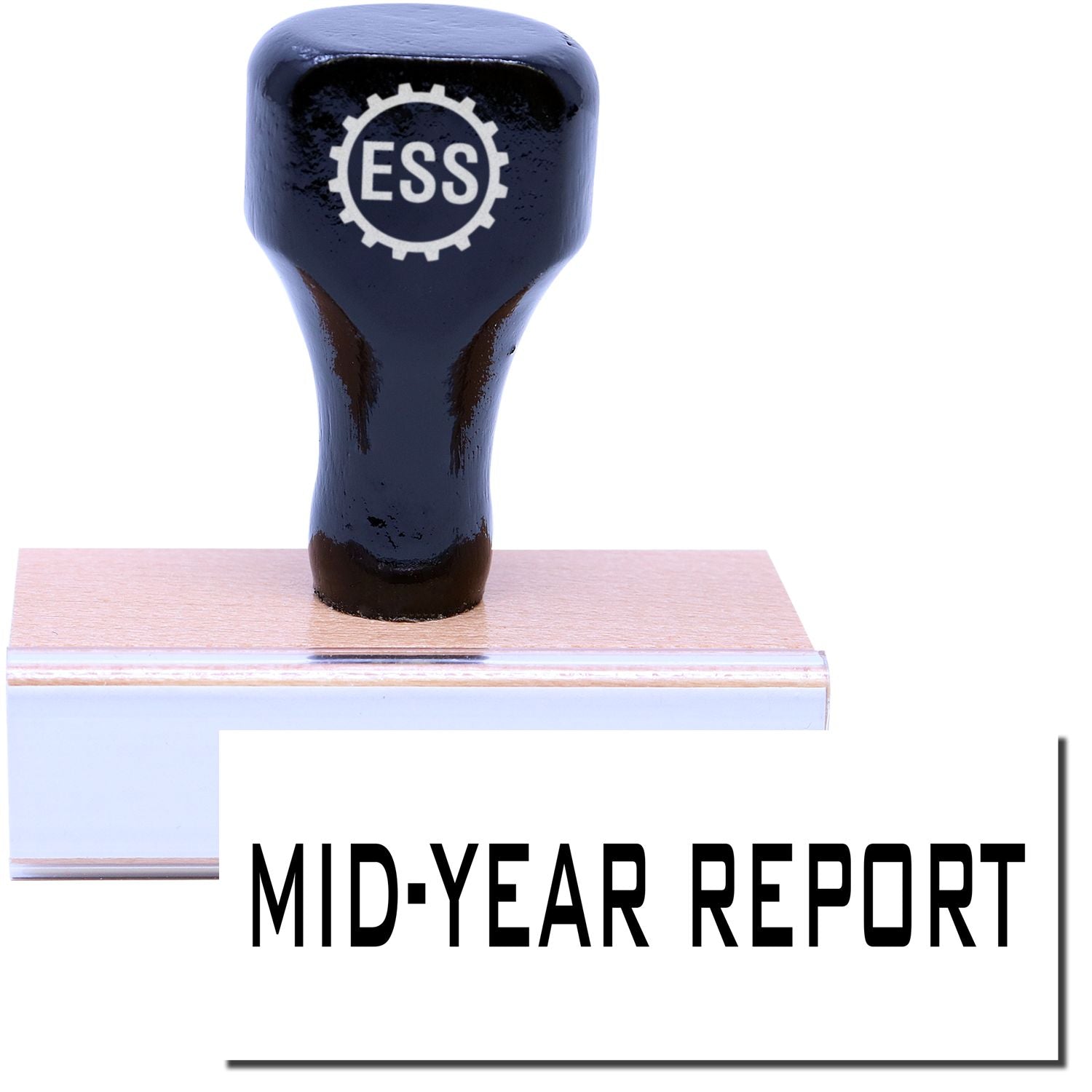 A stock office rubber stamp with a stamped image showing how the text "MID-YEAR REPORT" is displayed after stamping.