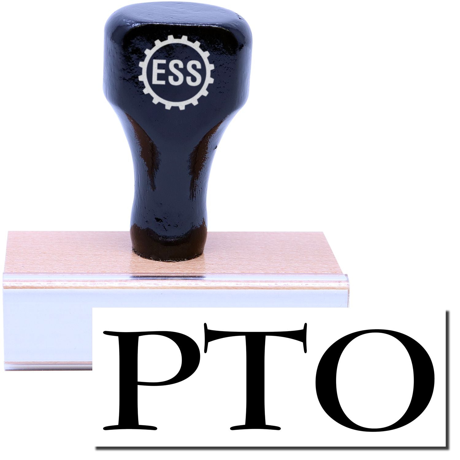 A stock office rubber stamp with a stamped image showing how the text PTO is displayed after stamping.