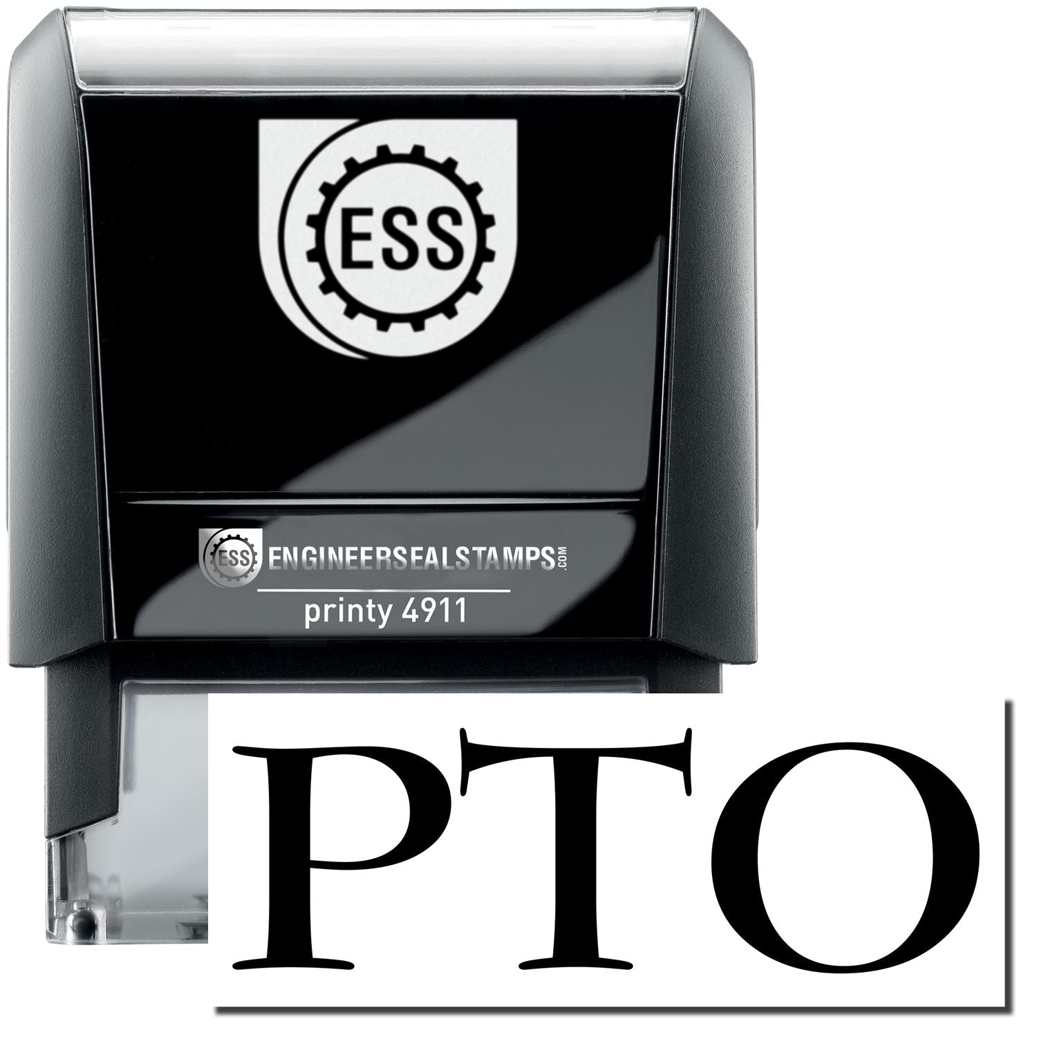 Self Inking PTO Stamp with a black and clear design, featuring the ESS logo and PTO text below. Ideal for efficient and clear stamping.