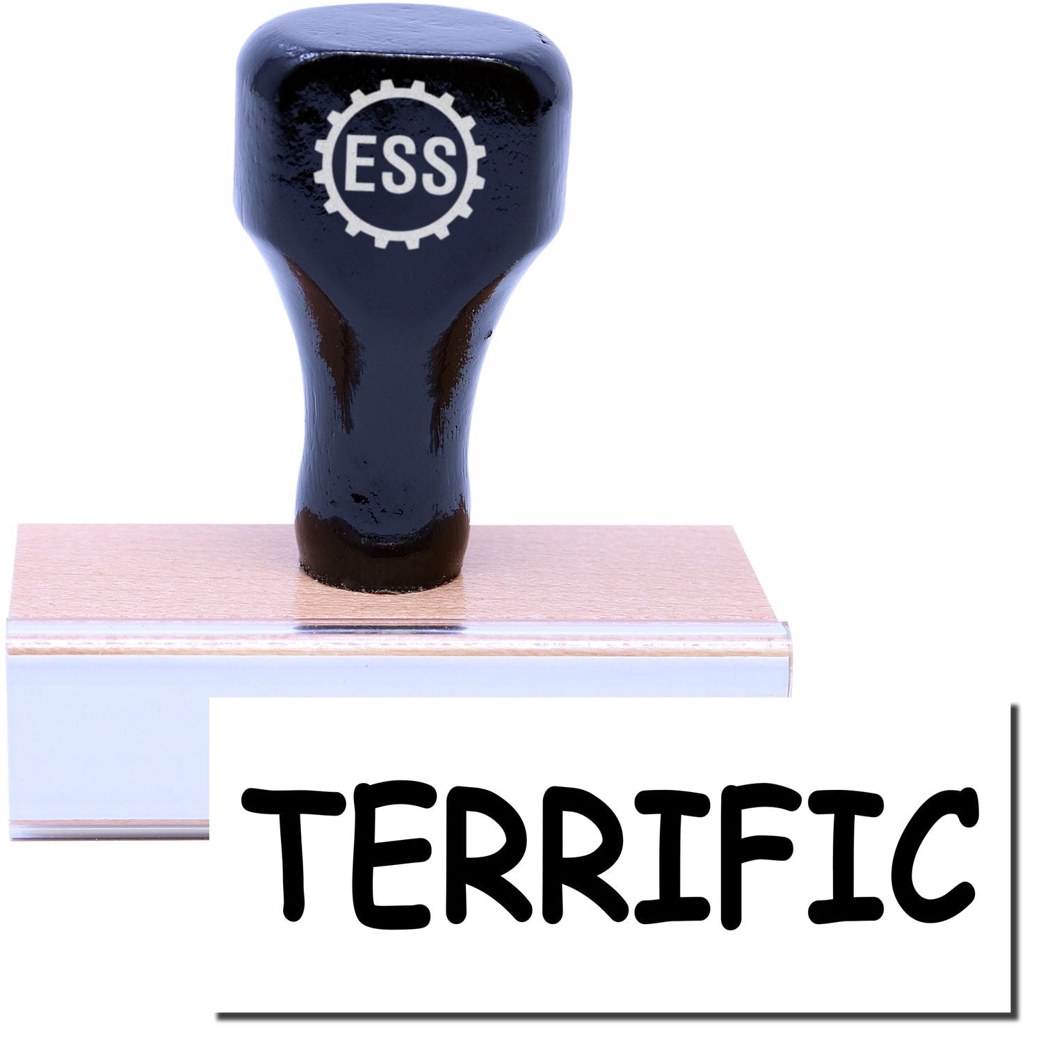 A stock office rubber stamp with a stamped image showing how the text TERRIFIC is displayed after stamping.