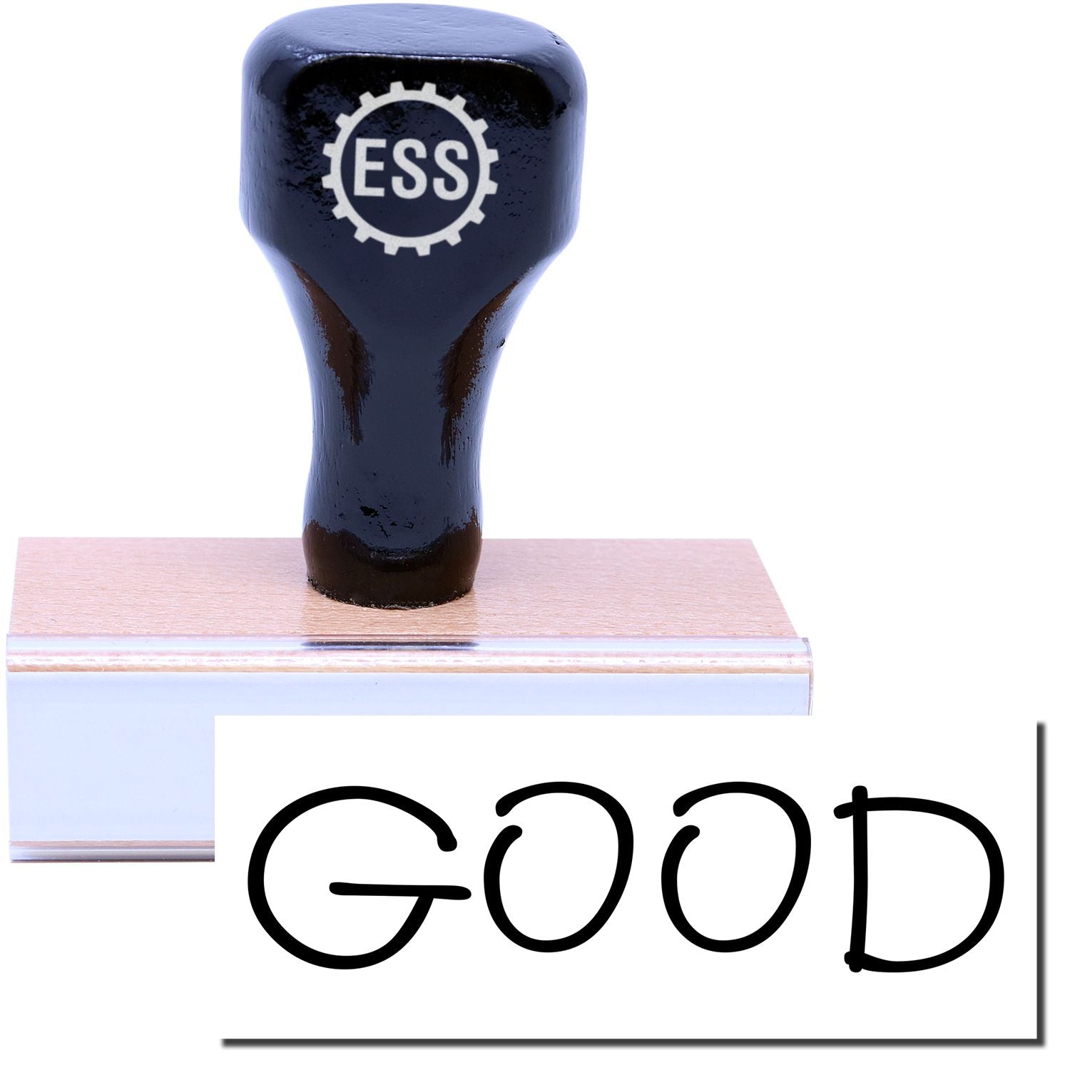 Good Rubber Stamp with a black handle and wooden base, featuring the word GOOD stamped in bold black letters.