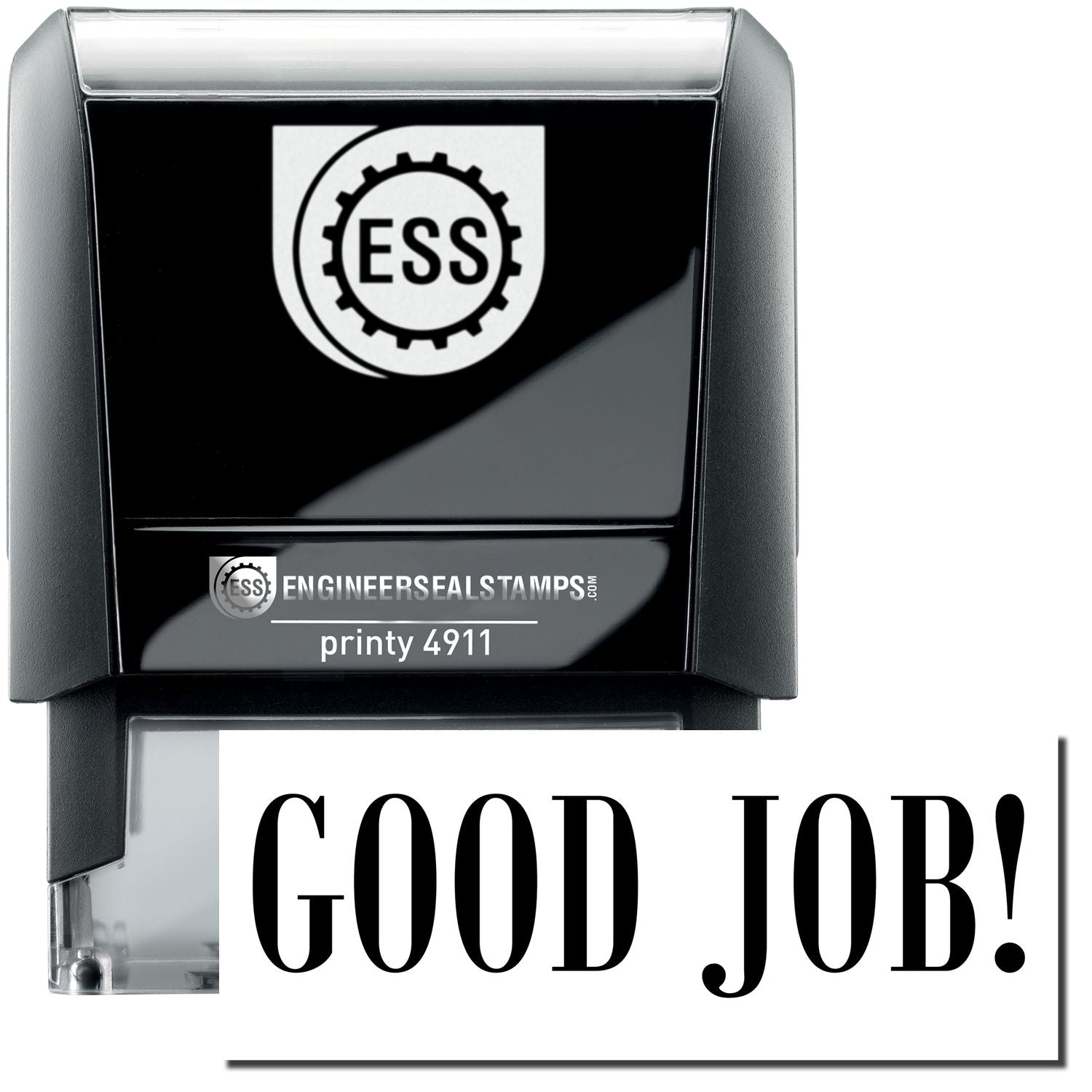 A self-inking stamp with a stamped image showing how the text GOOD JOB! is displayed after stamping.