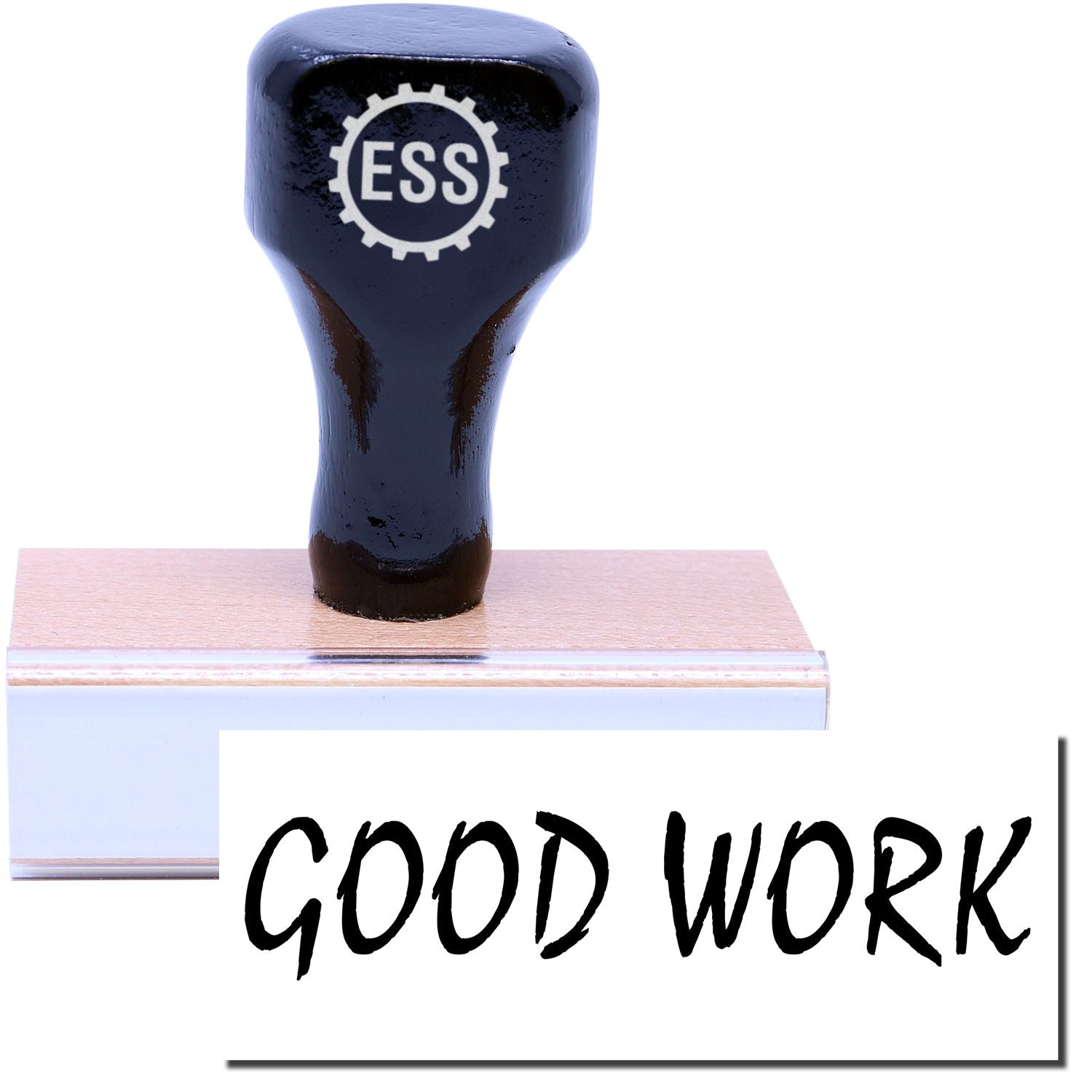 A stock office rubber stamp with a stamped image showing how the text GOOD WORK is displayed after stamping.