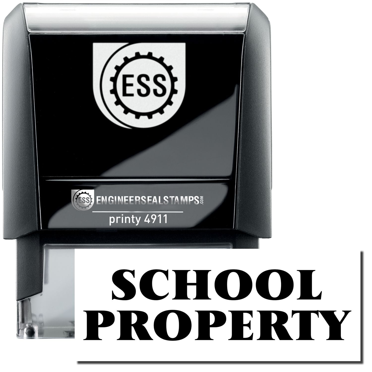 A self-inking stamp with a stamped image showing how the text SCHOOL PROPERTY is displayed after stamping.