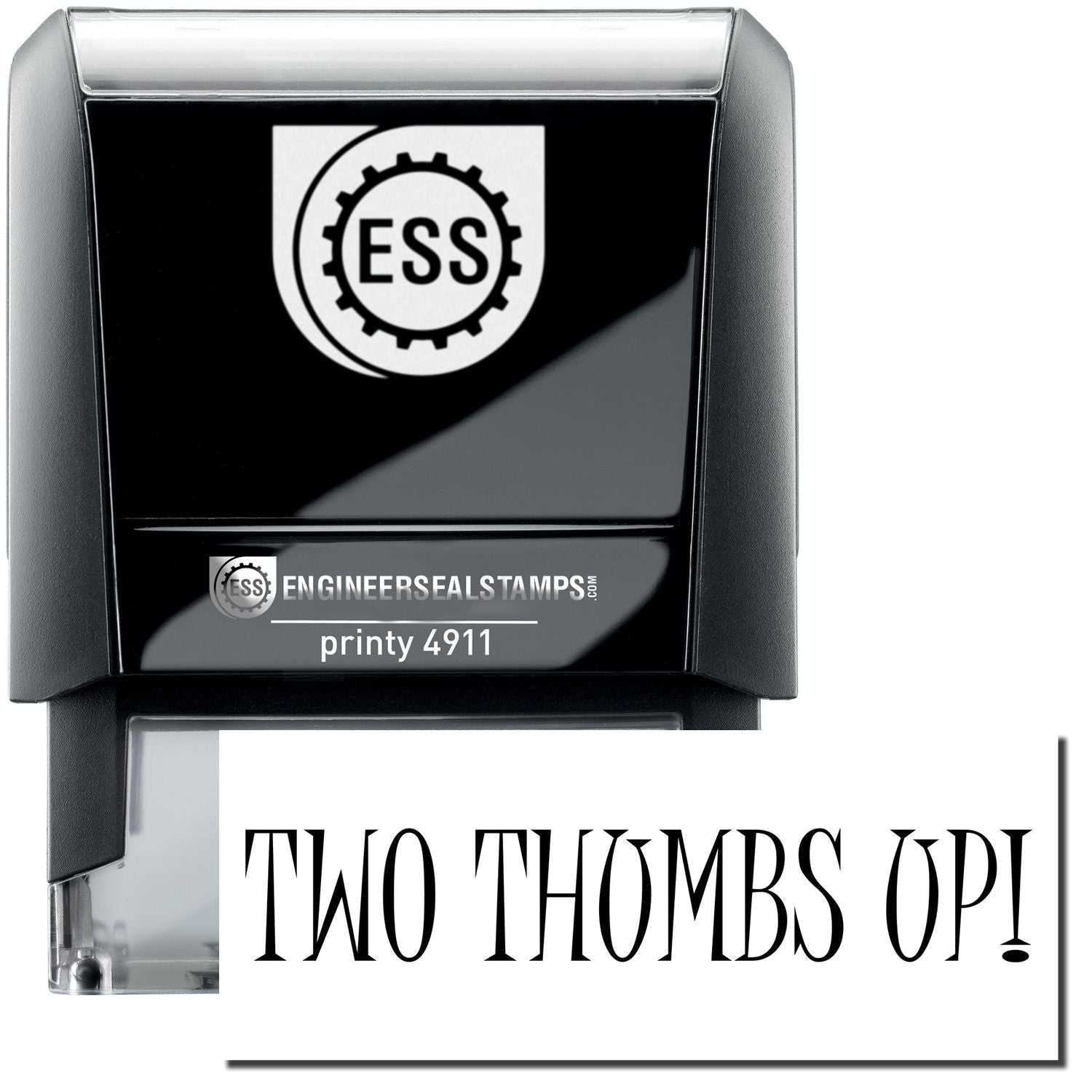 A self-inking stamp with a stamped image showing how the text TWO THUMBS UP! is displayed after stamping.