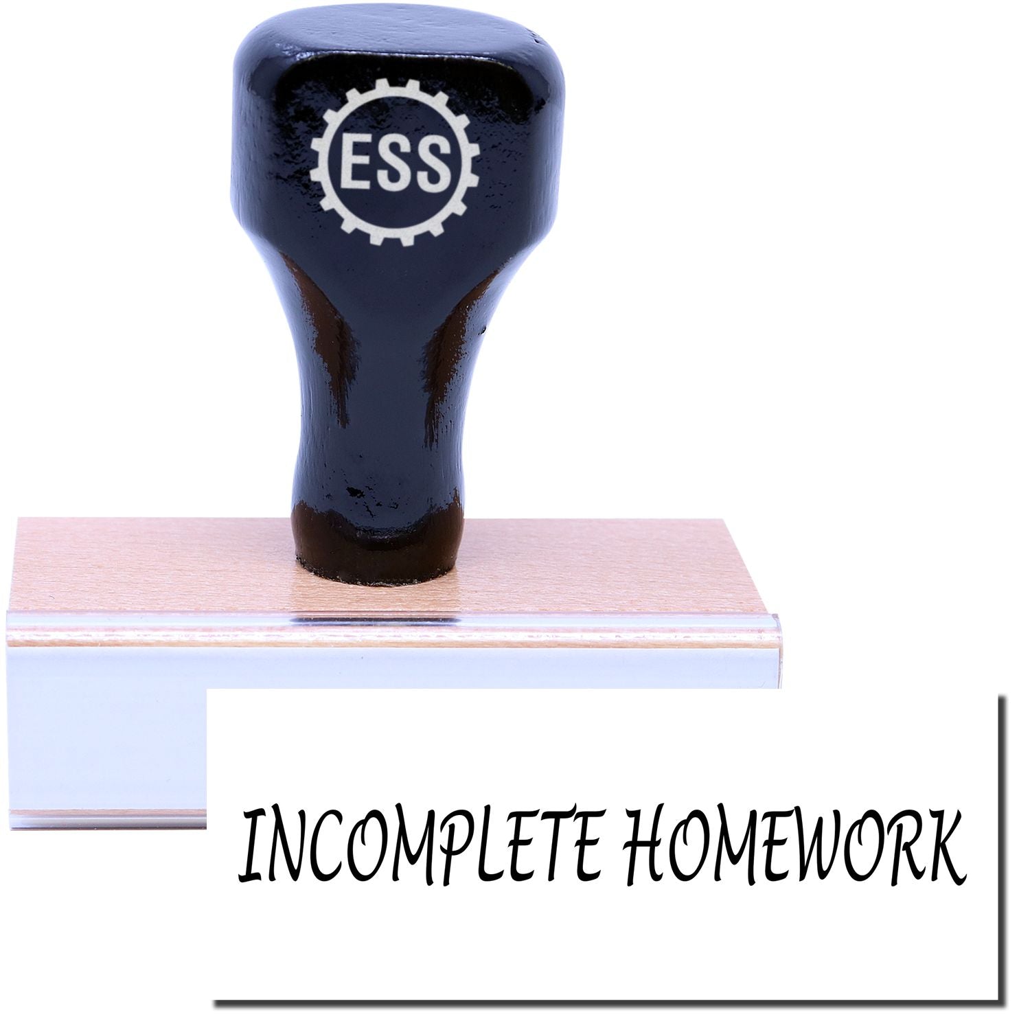 A stock office rubber stamp with a stamped image showing how the text INCOMPLETE HOMEWORK is displayed after stamping.