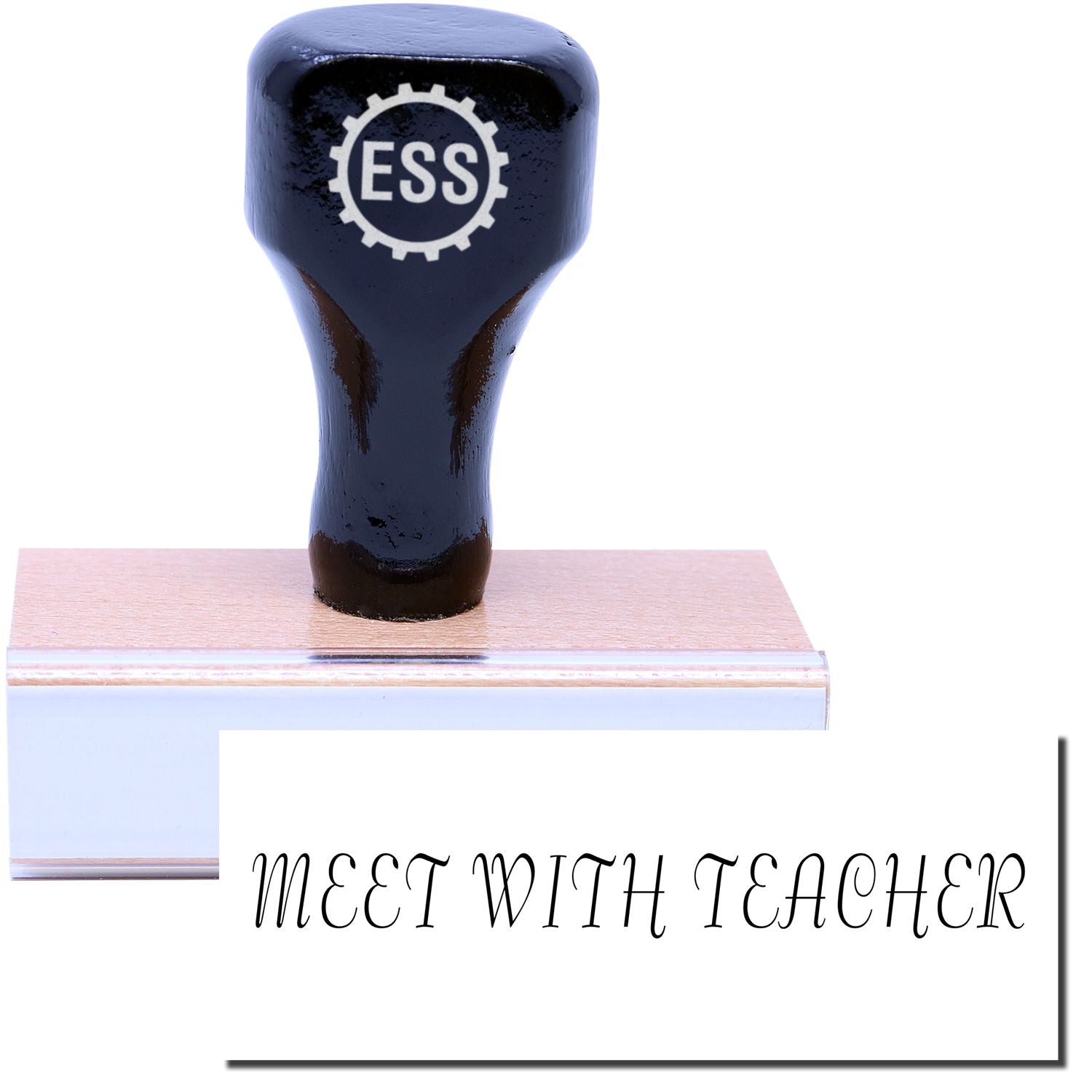 A stock office rubber stamp with a stamped image showing how the text MEET WITH TEACHER is displayed after stamping.