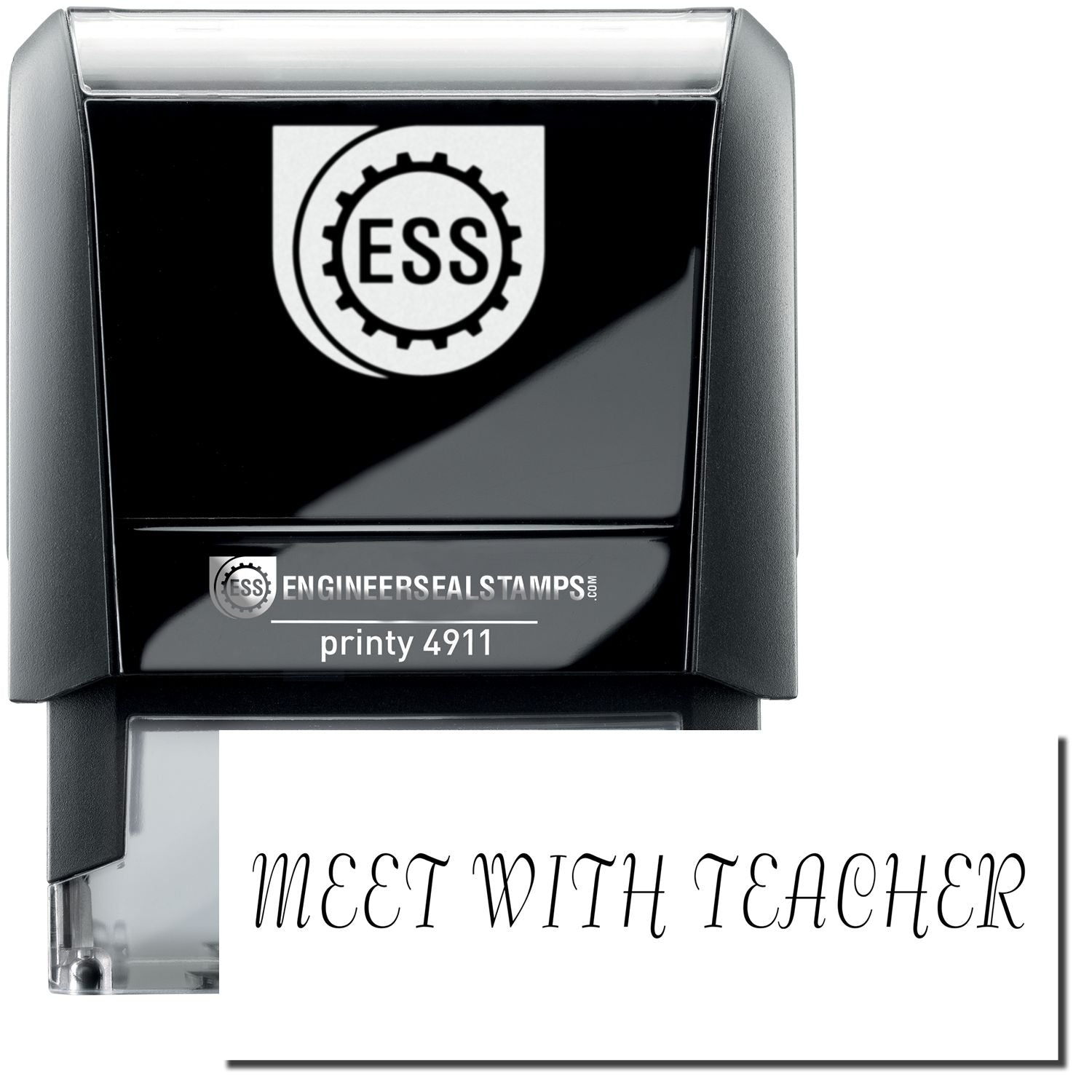 Self Inking Meet With Teacher Stamp by ESS, black and white design, with MEET WITH TEACHER text displayed below the stamp.