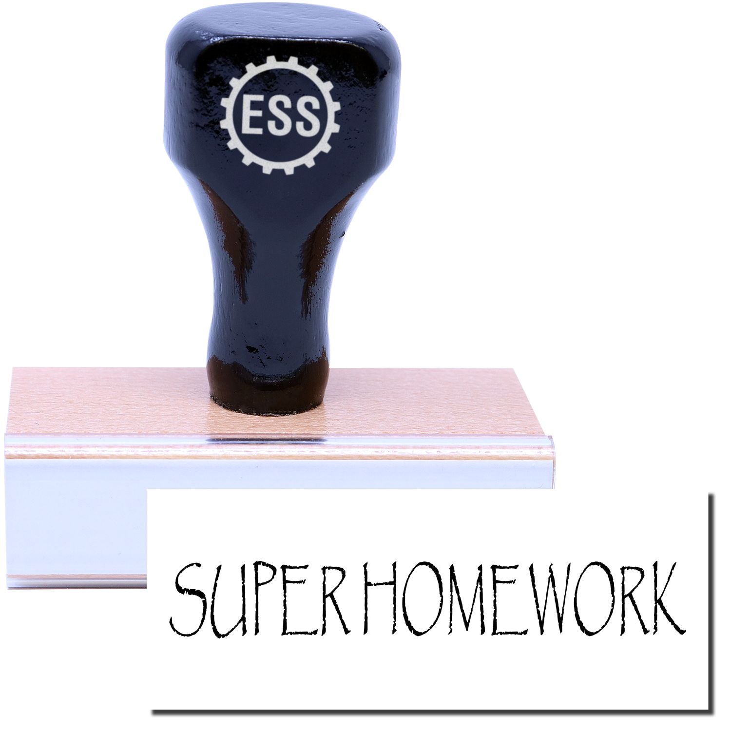 A stock office rubber stamp with a stamped image showing how the text SUPER HOMEWORK is displayed after stamping.