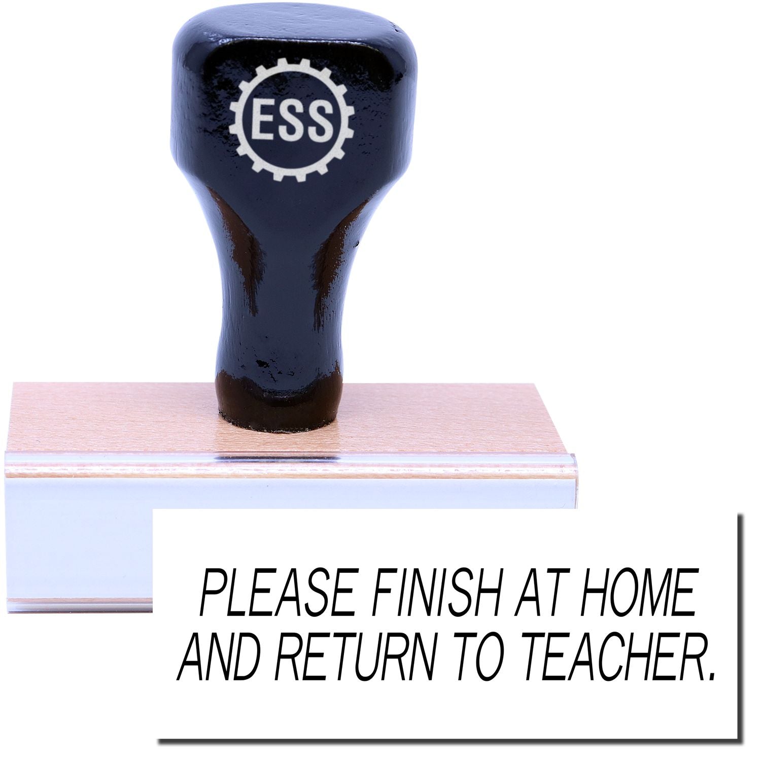 A stock office rubber stamp with a stamped image showing how the text PLEASE FINISH AT HOME AND RETURN TO TEACHER. is displayed after stamping.