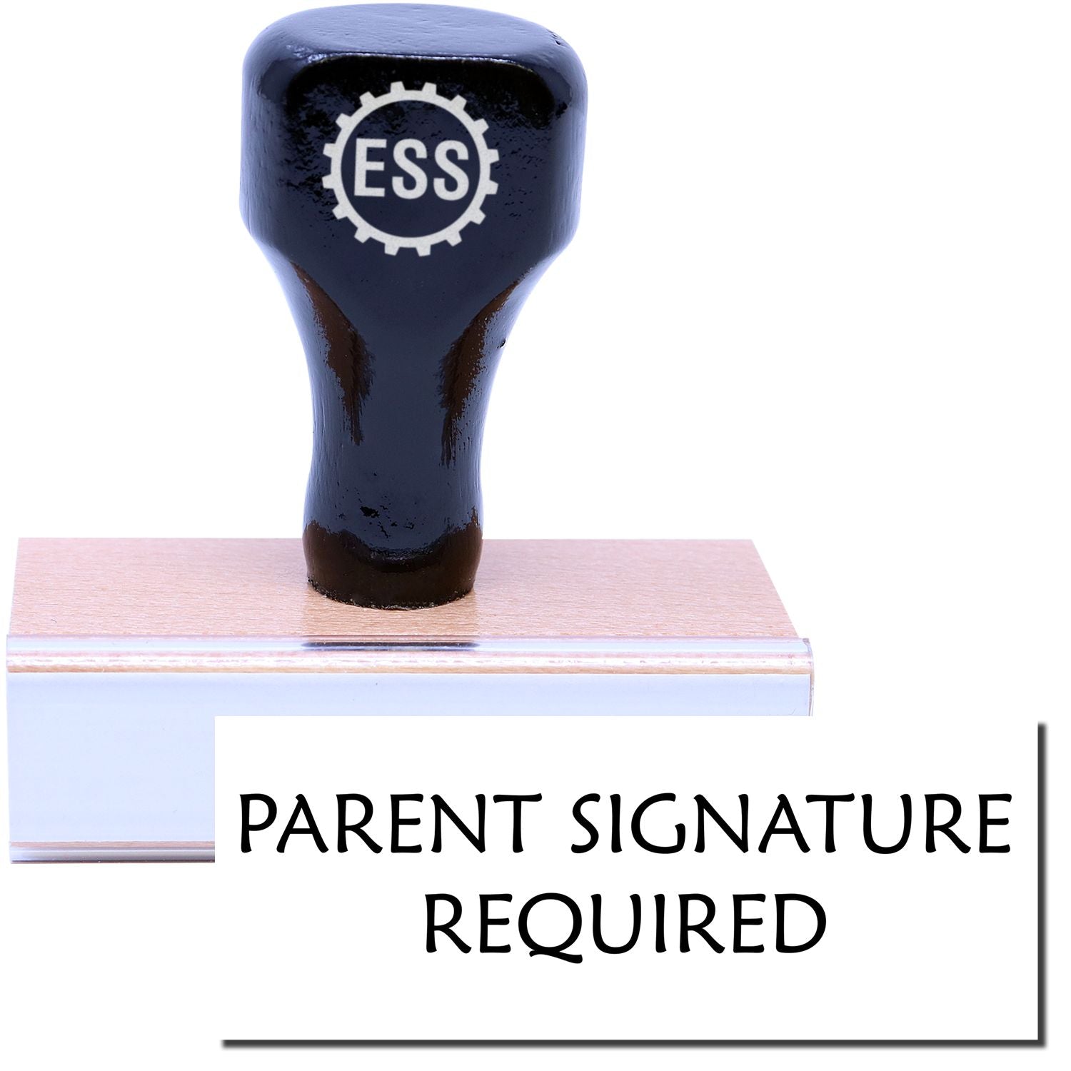 A stock office rubber stamp with a stamped image showing how the text PARENT SIGNATURE REQUIRED is displayed after stamping.