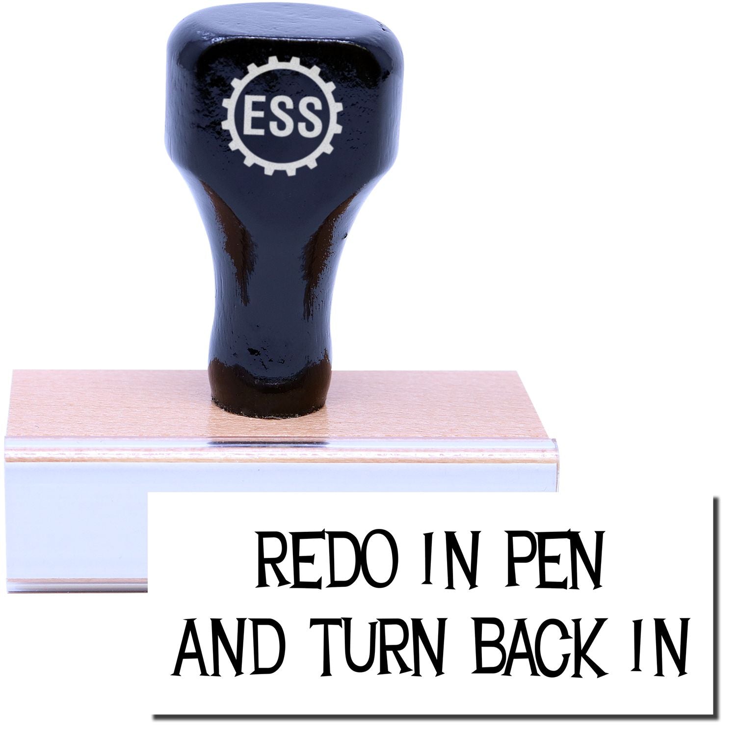 A stock office rubber stamp with a stamped image showing how the text REDO IN PEN AND TURN BACK IN is displayed after stamping.