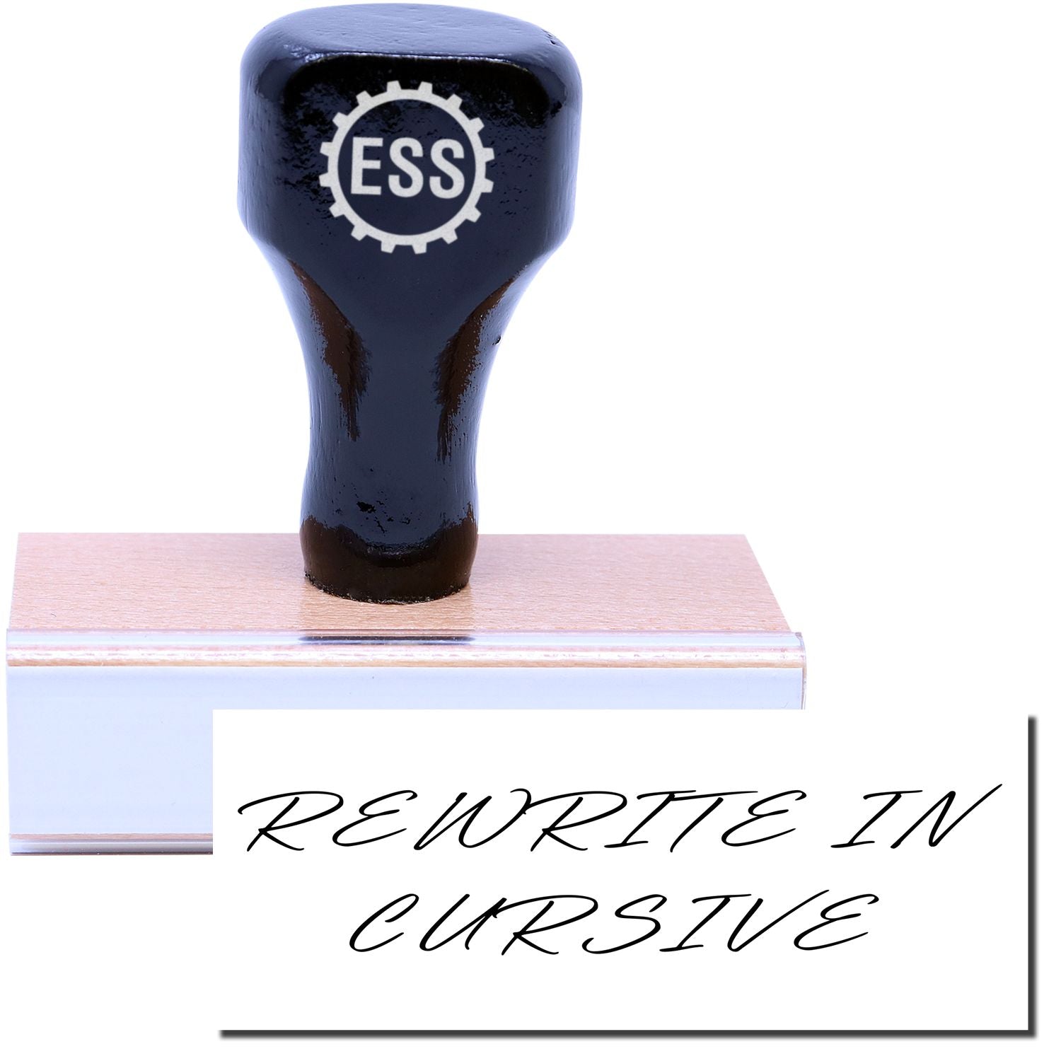 A stock office rubber stamp with a stamped image showing how the text REWRITE IN CURSIVE in a cursive font is displayed after stamping.