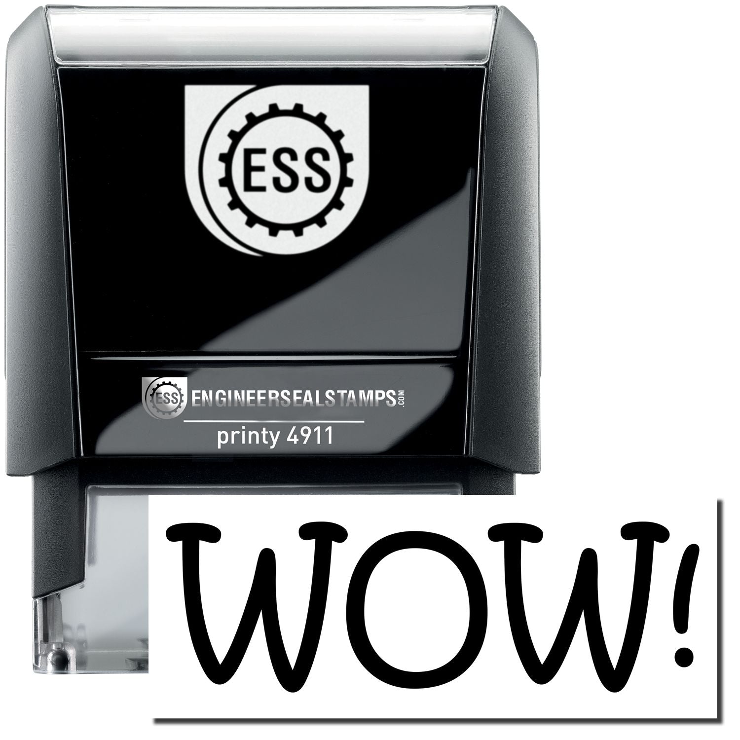 A self-inking stamp with a stamped image showing how the text WOW! is displayed after stamping.