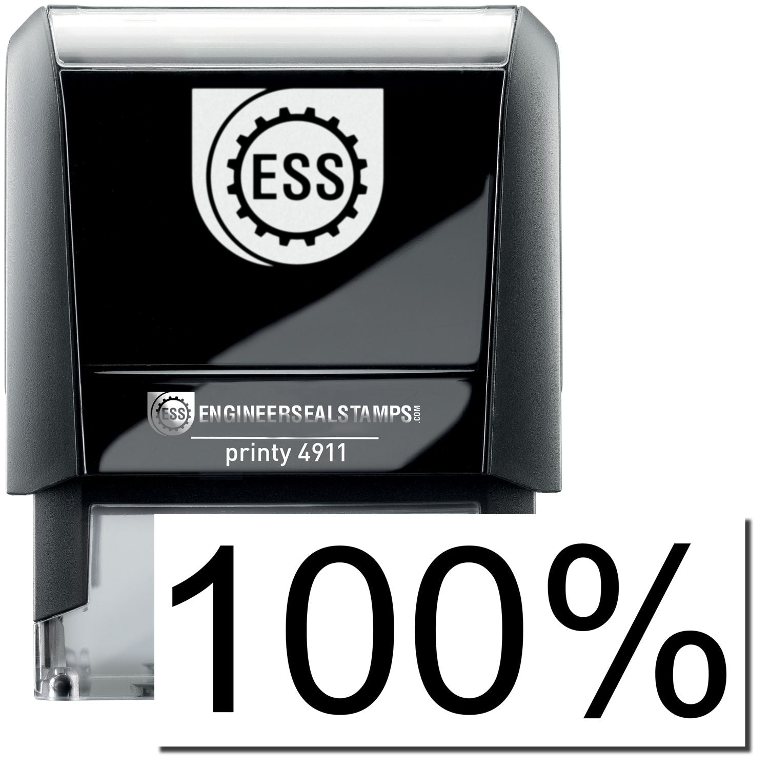 A self-inking stamp with a stamped image showing how the text 100% is displayed after stamping.