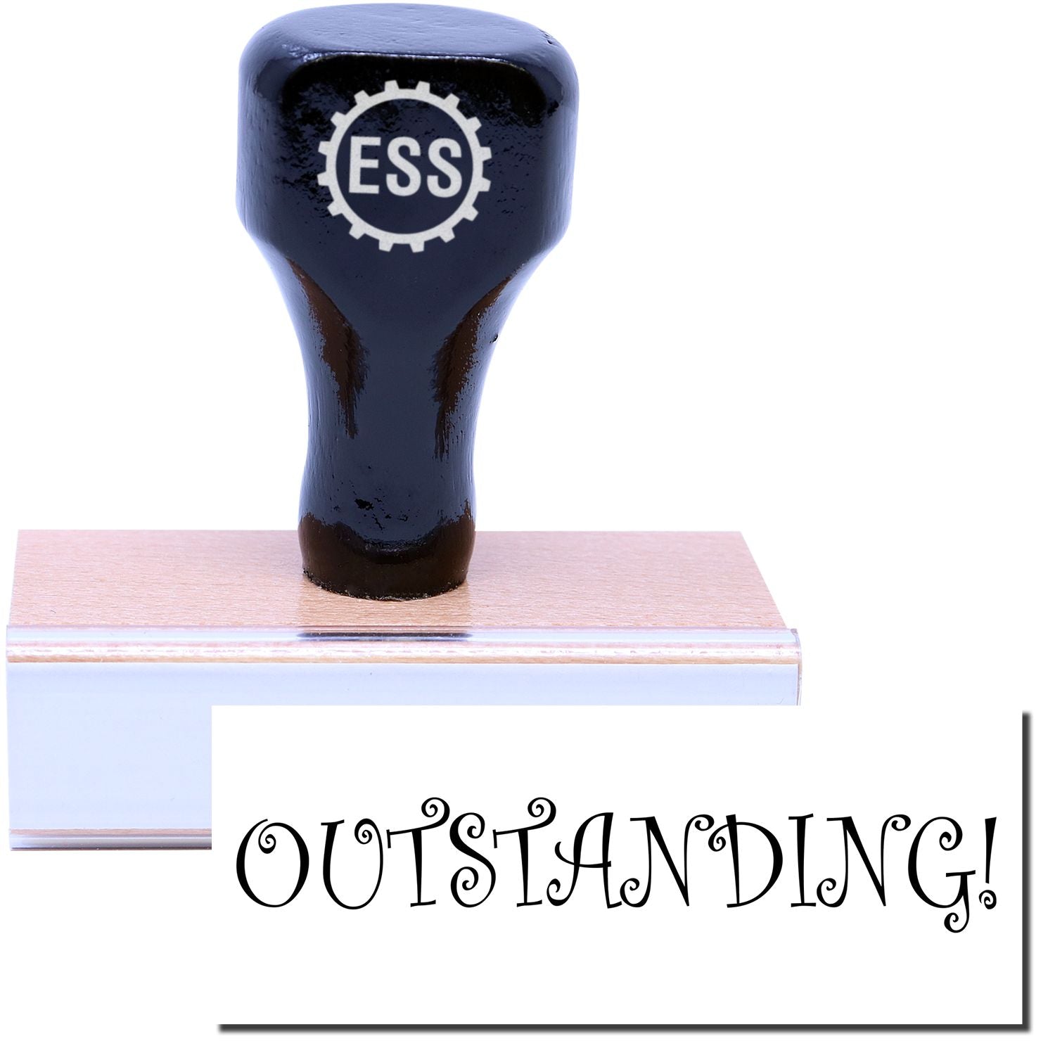 A stock office rubber stamp with a stamped image showing how the text OUTSTANDING! is displayed after stamping.