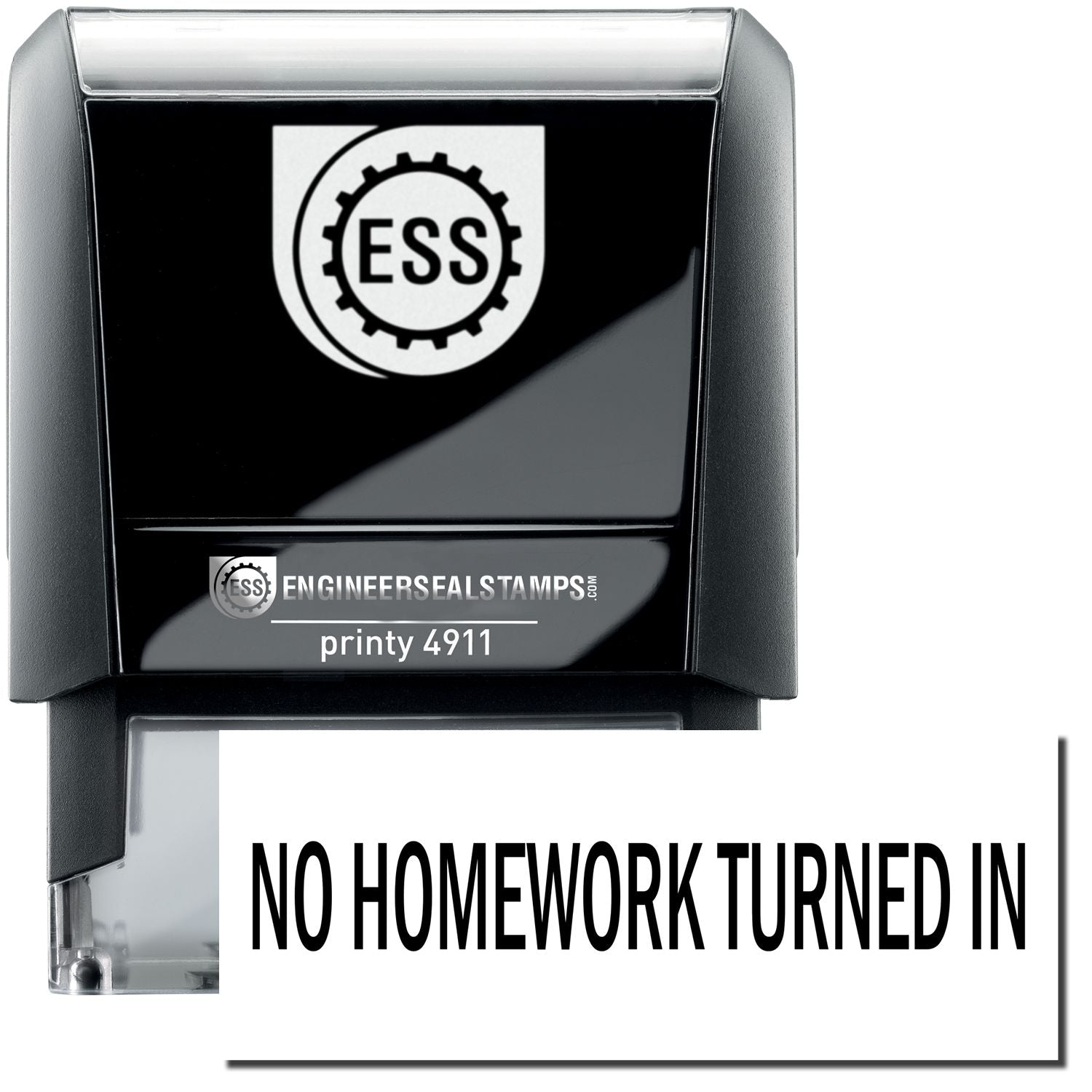 Self Inking No Homework Turned In Stamp with a black and white design, featuring the ESS logo and the text NO HOMEWORK TURNED IN.