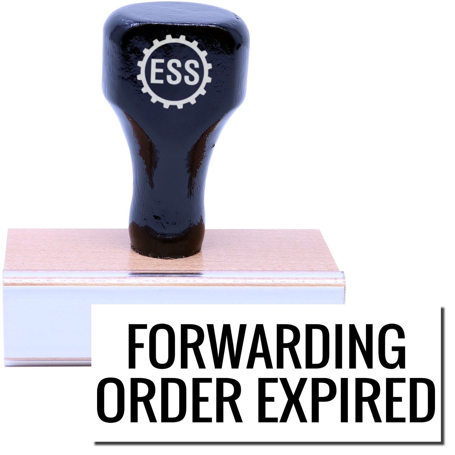 A stock office rubber stamp with a stamped image showing how the text FORWARDING ORDER EXPIRED is displayed after stamping.