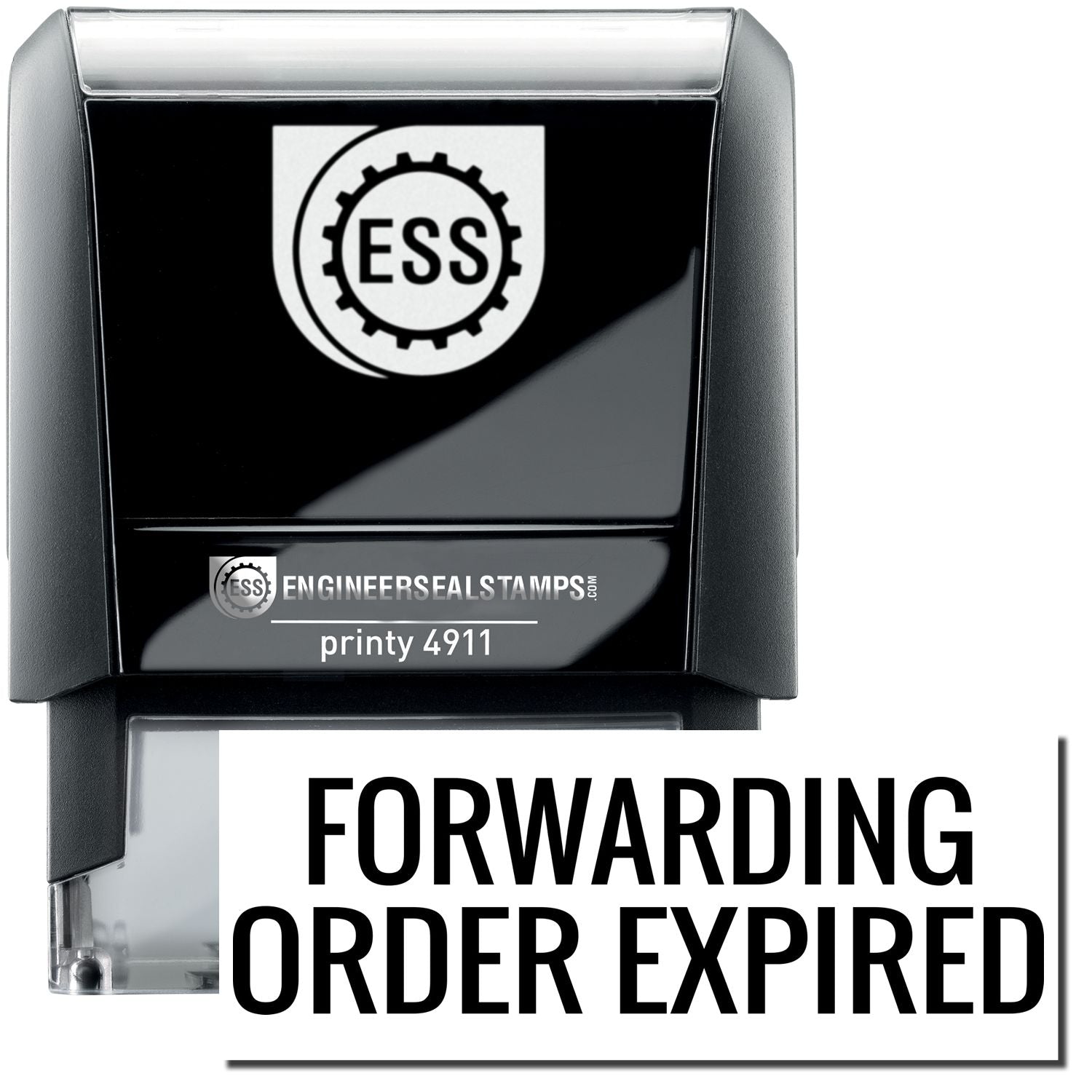 A self-inking stamp with a stamped image showing how the text FORWARDING ORDER EXPIRED is displayed after stamping.