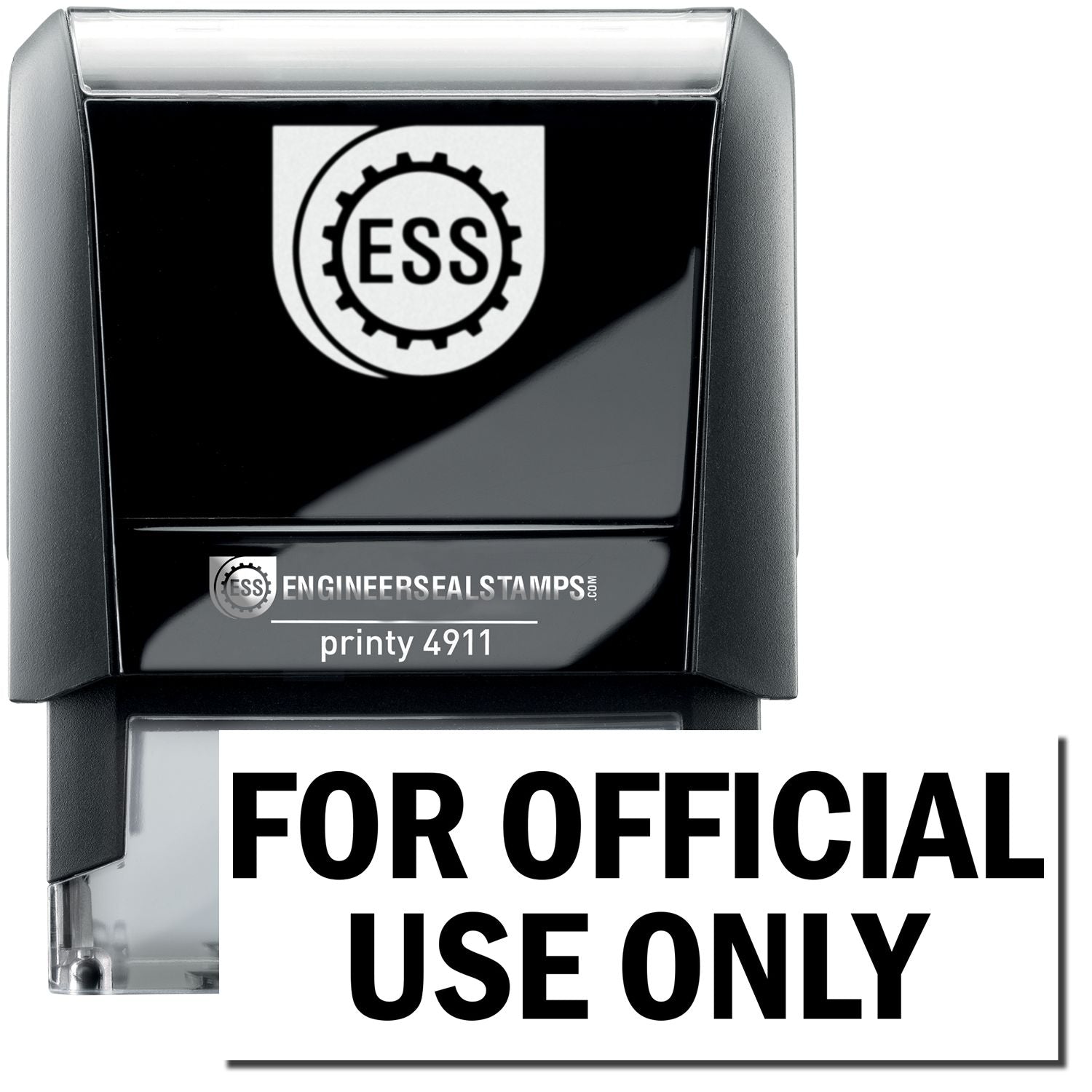 A self-inking stamp with a stamped image showing how the text FOR OFFICIAL USE ONLY is displayed after stamping.