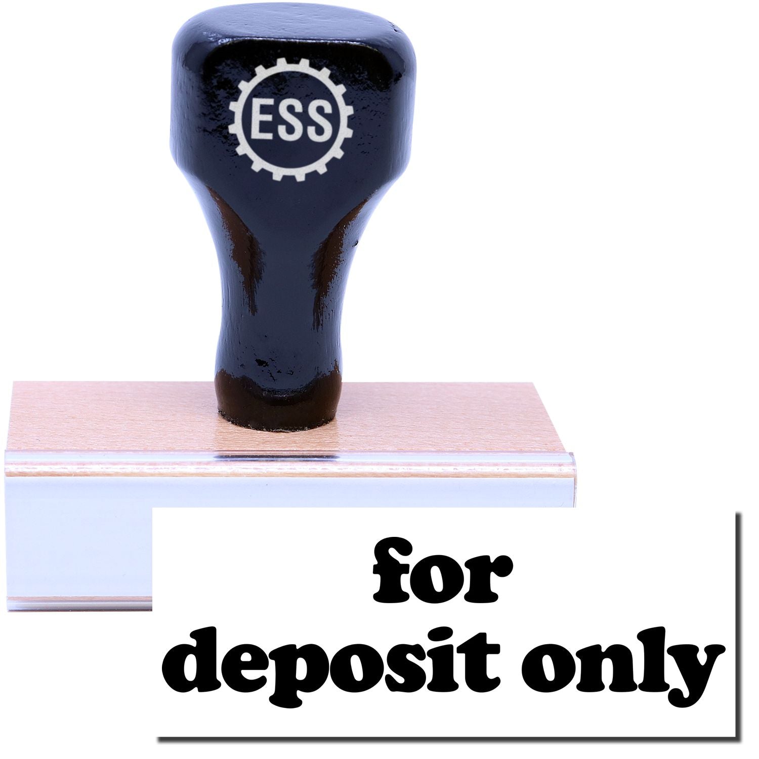 A stock office rubber stamp with a stamped image showing how the text for deposit only in lowercase letters is displayed after stamping.