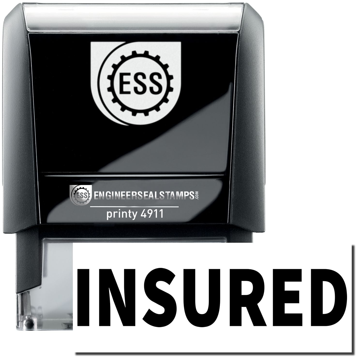 Self Inking Insured Stamp with a black and white design, featuring the word INSURED in bold letters and the ESS logo on top.