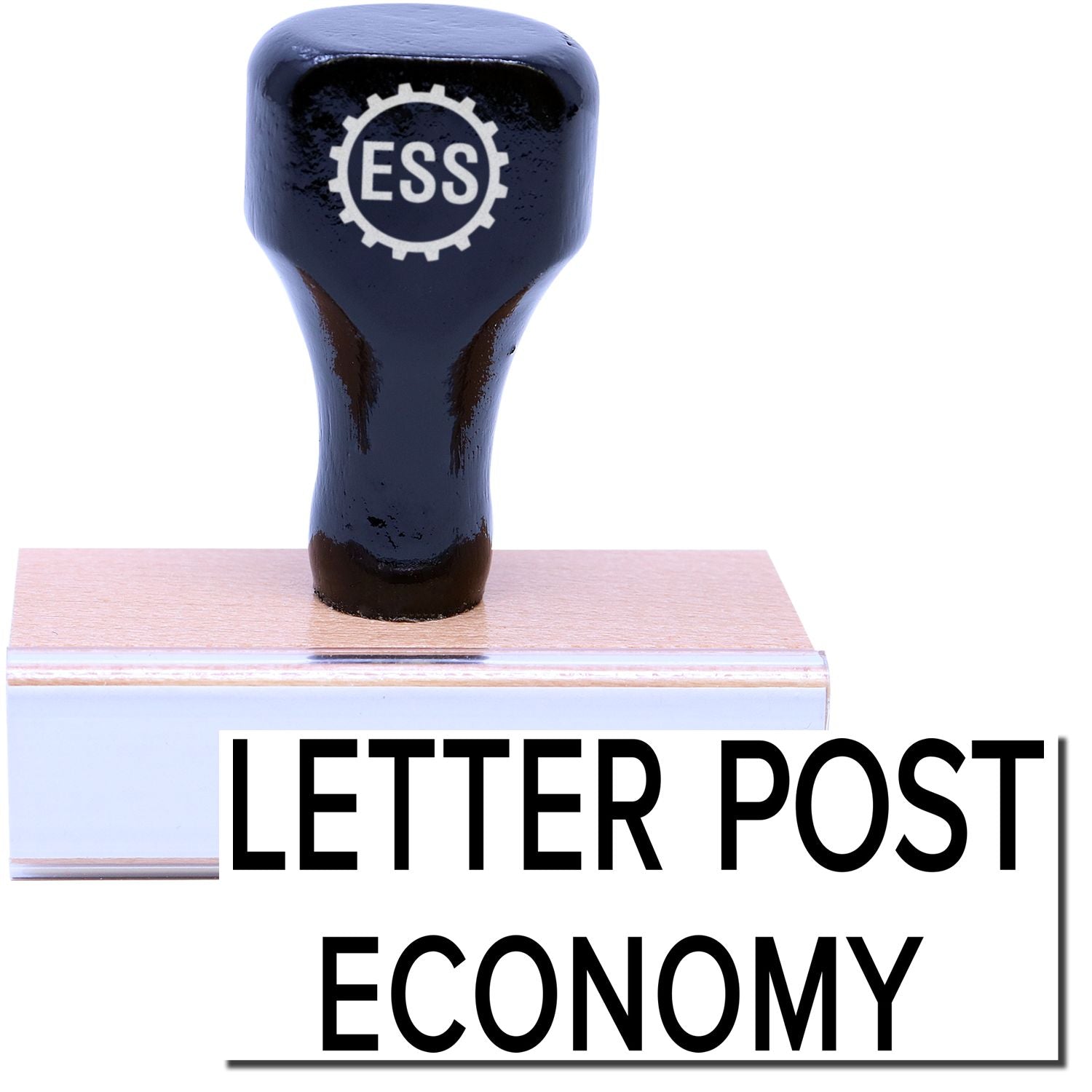 A stock office rubber stamp with a stamped image showing how the text LETTER POST ECONOMY is displayed after stamping.