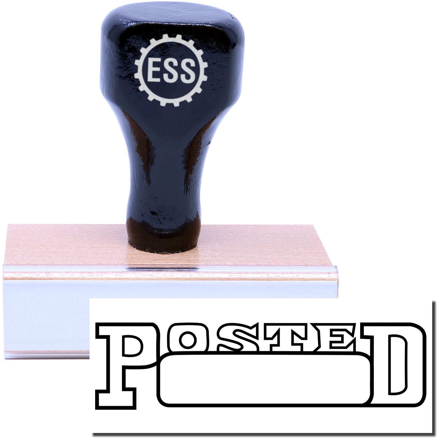 A stock office rubber stamp with a stamped image showing how the text POSTED in an outline font with a date box is displayed after stamping.