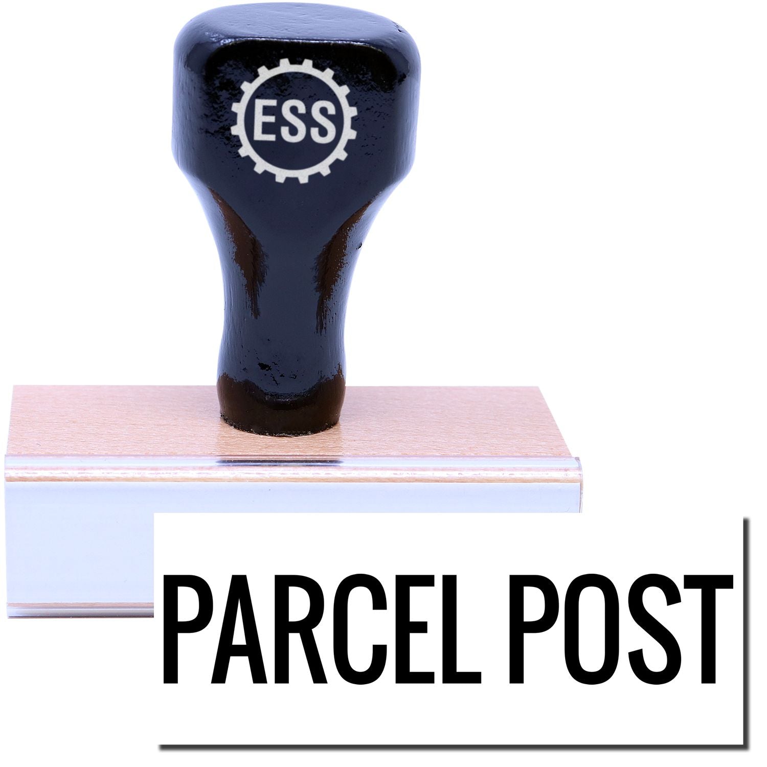 A stock office rubber stamp with a stamped image showing how the text PARCEL POST is displayed after stamping.