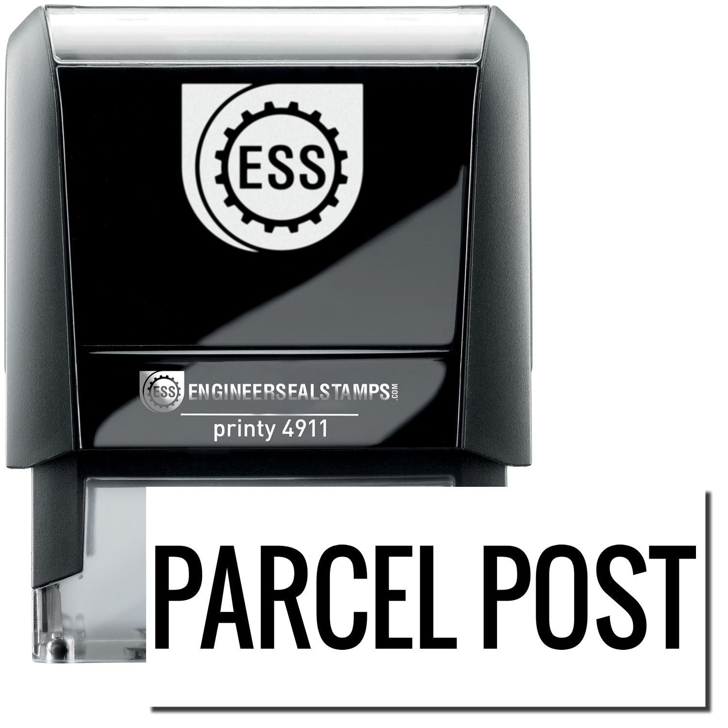 Self Inking Parcel Post Stamp with a black casing and clear base, featuring the ESS logo and the text PARCEL POST in bold letters.