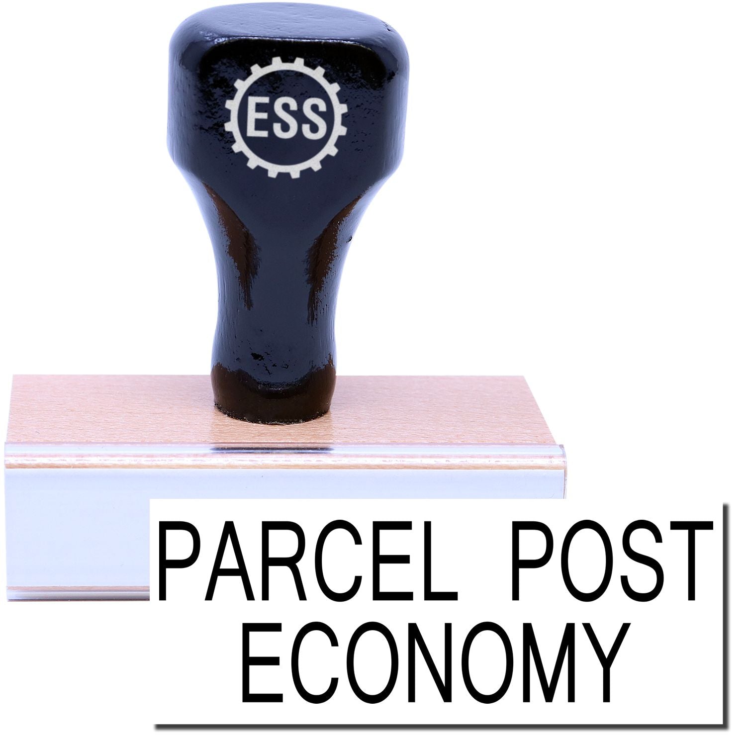 A stock office rubber stamp with a stamped image showing how the text PARCEL POST ECONOMY is displayed after stamping.