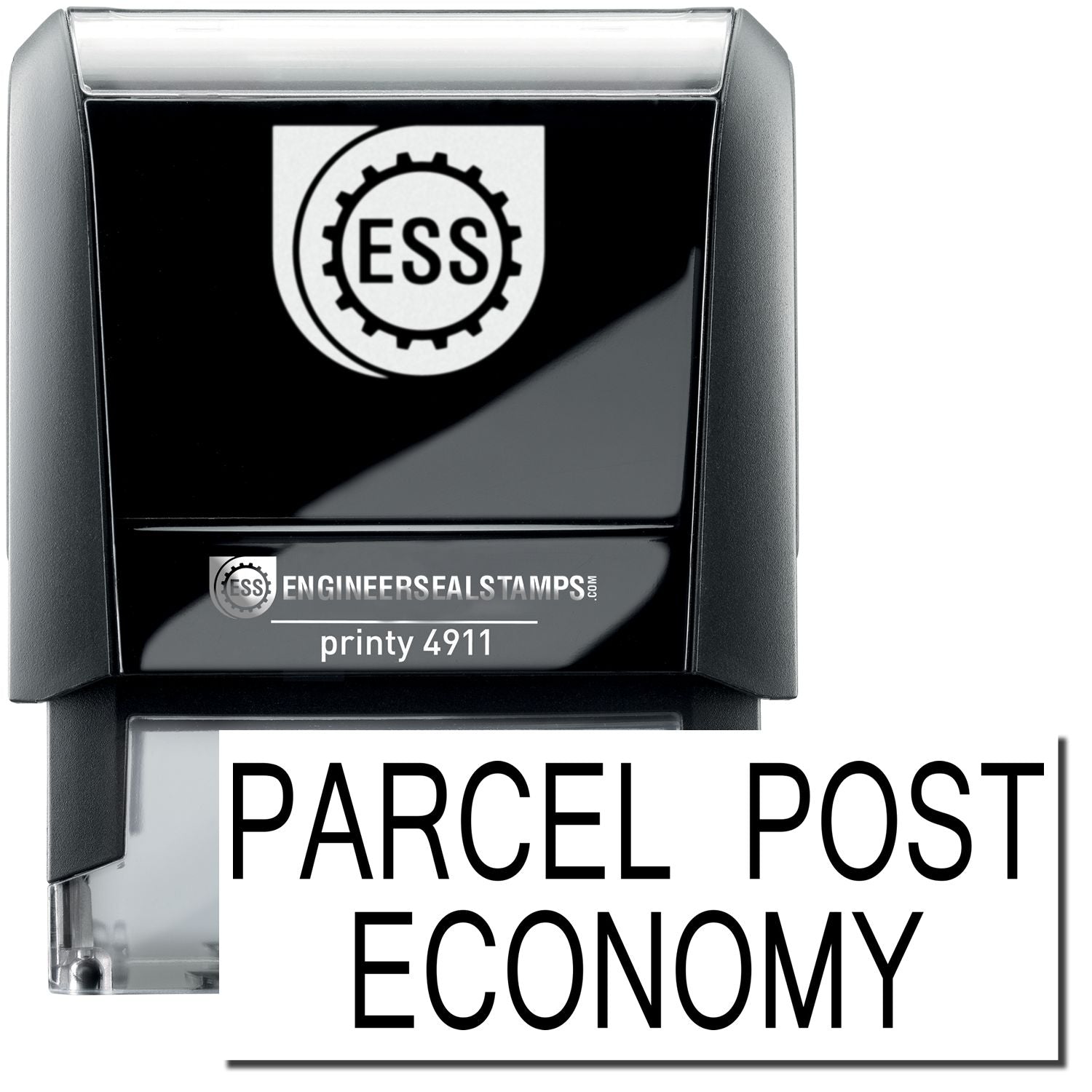 A self-inking stamp with a stamped image showing how the text "PARCEL POST ECONOMY" is displayed after stamping.