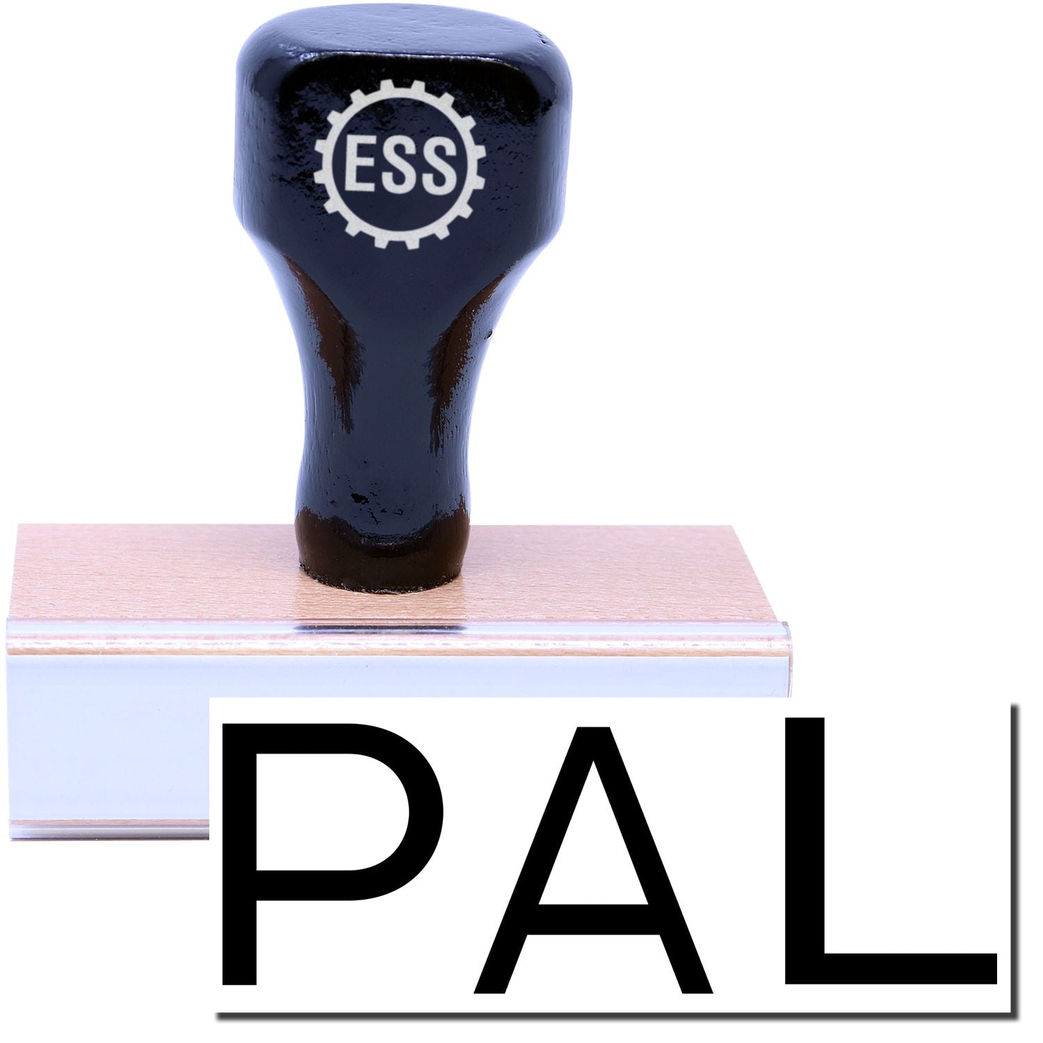 A stock office rubber stamp with a stamped image showing how the text PAL is displayed after stamping.