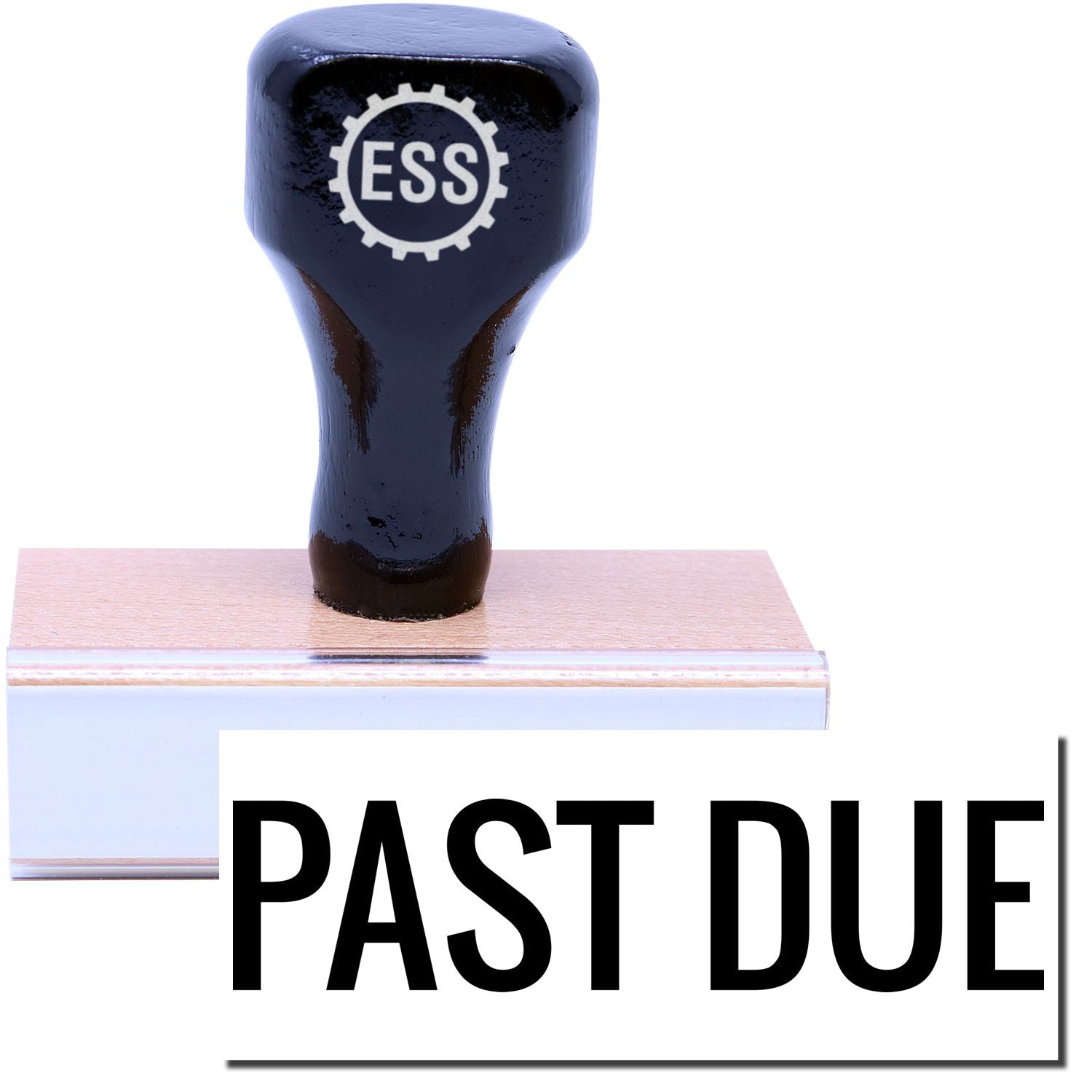 A stock office rubber stamp with a stamped image showing how the text "PAST DUE" in a narrow bold font is displayed after stamping.